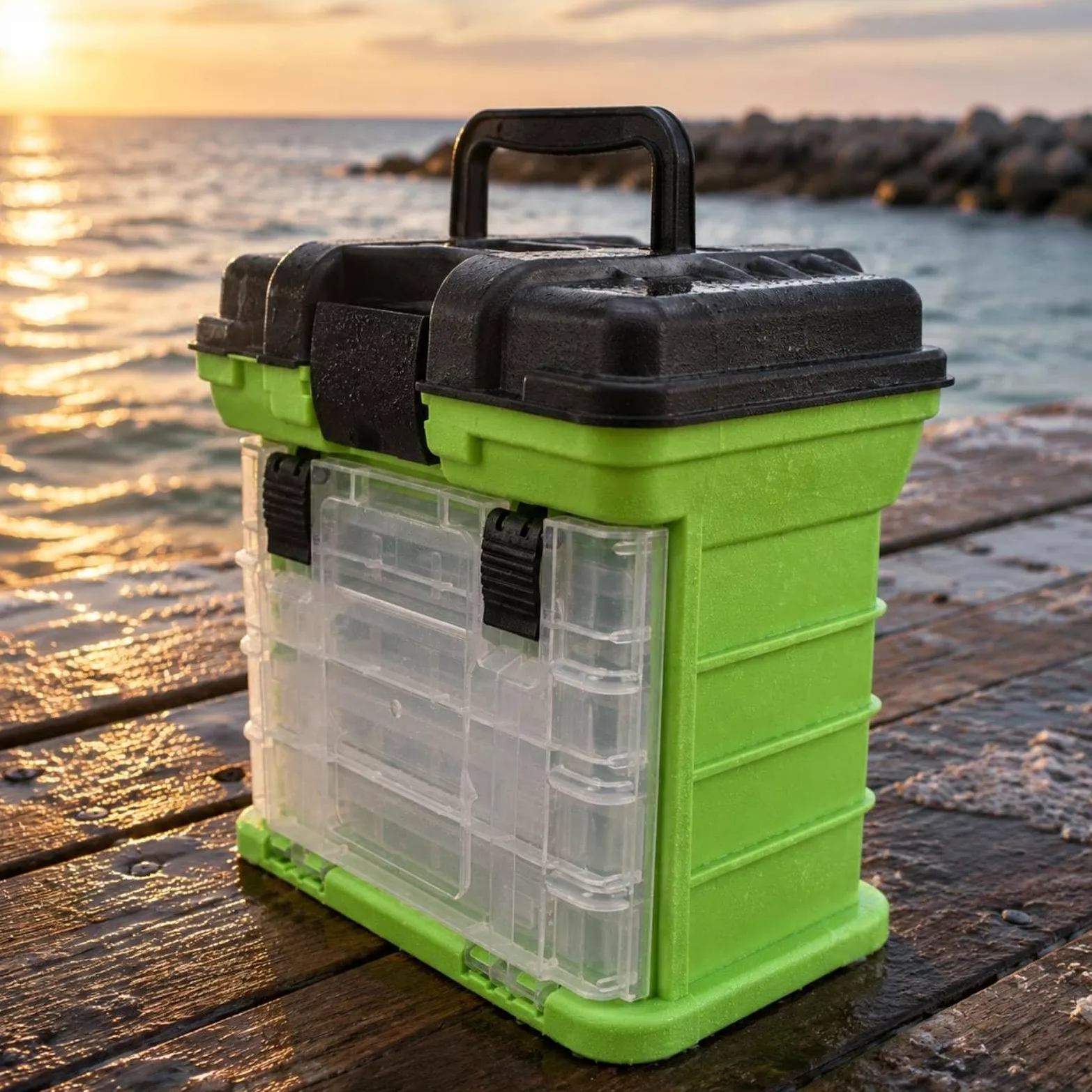 Contenedor de Pesca Caja de Aparejos Organizador Estuche Portátil Almacenamiento de 2 y 4 Cajones para Anzuelos Plomos y Pequeñas Herramientas Adecuado para Agua Dulce Agua Salada, Gris