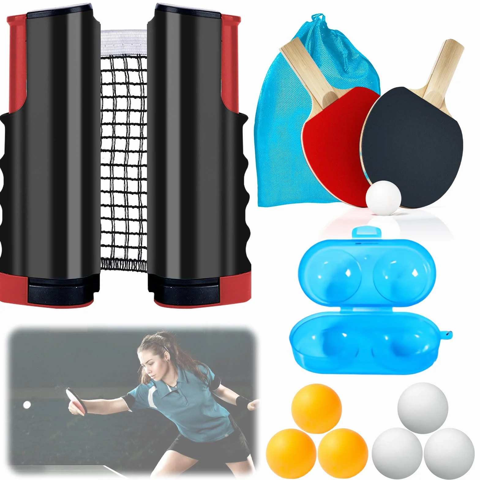 Juego de Raquetas de Ping Pong Plegables Profesional - 2 Raquetas, 6 Pelotas con Caja y Bolsa de Almacenamiento para Deportes de Interior y Exterior