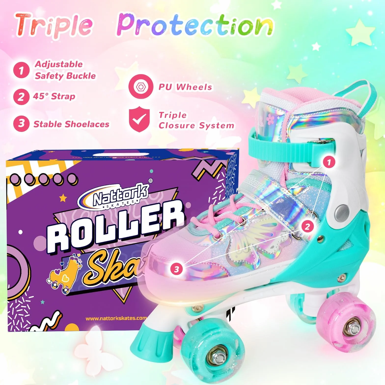 Patines de ruedas para niños Nattork, 4 tamaños ajustables, diseño mariposas flores