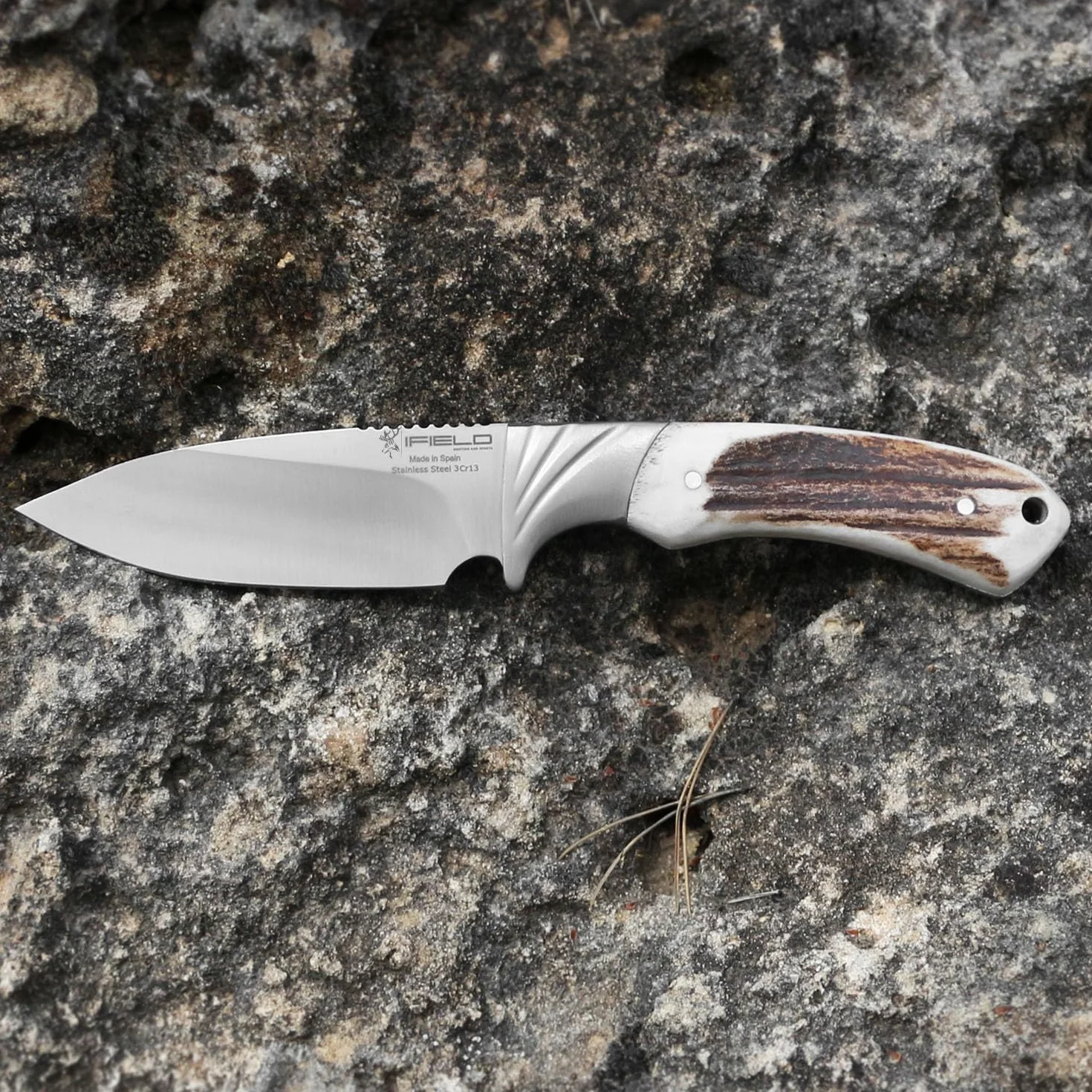 iFIELD Cuchillo de caza deportivo Camper EL29019, hoja 10,8 cms, grosor 3,8 mm, total 22,8 cm, mango de ciervo, con funda de piel, herramienta de camping para pesca, caza, actividad deportiva