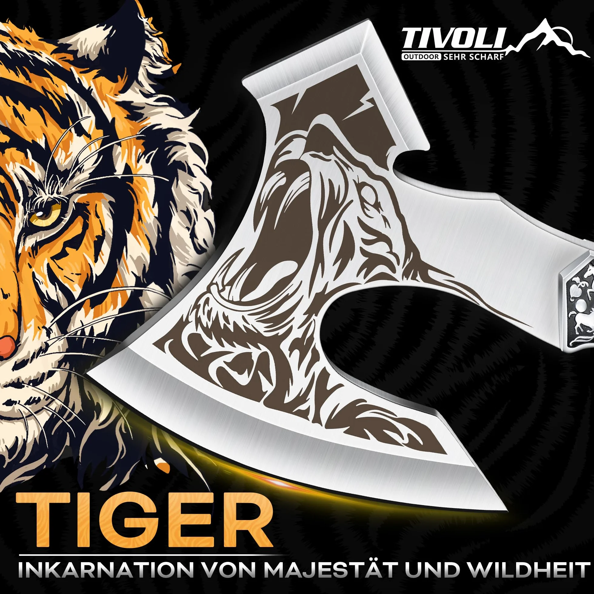 Hacha TIVOLI con Motivo de Tigre, Acero al Carbono, construcción Full-Tang, Ideal para Ocio, Camping, Caza y Trekking