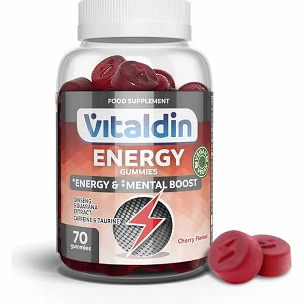 VITALDIN Energy Gummies 70 Gominolas Energéticas con Ginseng, Guaraná, Cafeína & Taurina - Vegano Sabor Cereza