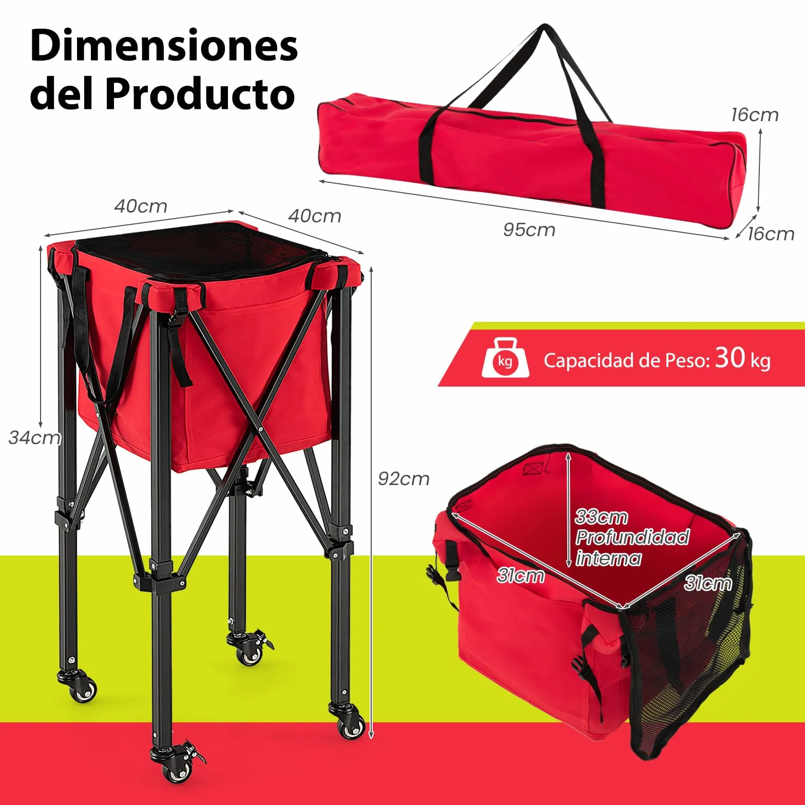 COSTWAY Carro Plegable para Pelotas de Teni, Carrito Recogepelotas, Cesta Ligera de Aluminio con Ruedas para Pelotas de Tenis, Bolsillos Laterales/Bolsa de Transporte,150 Pelotas