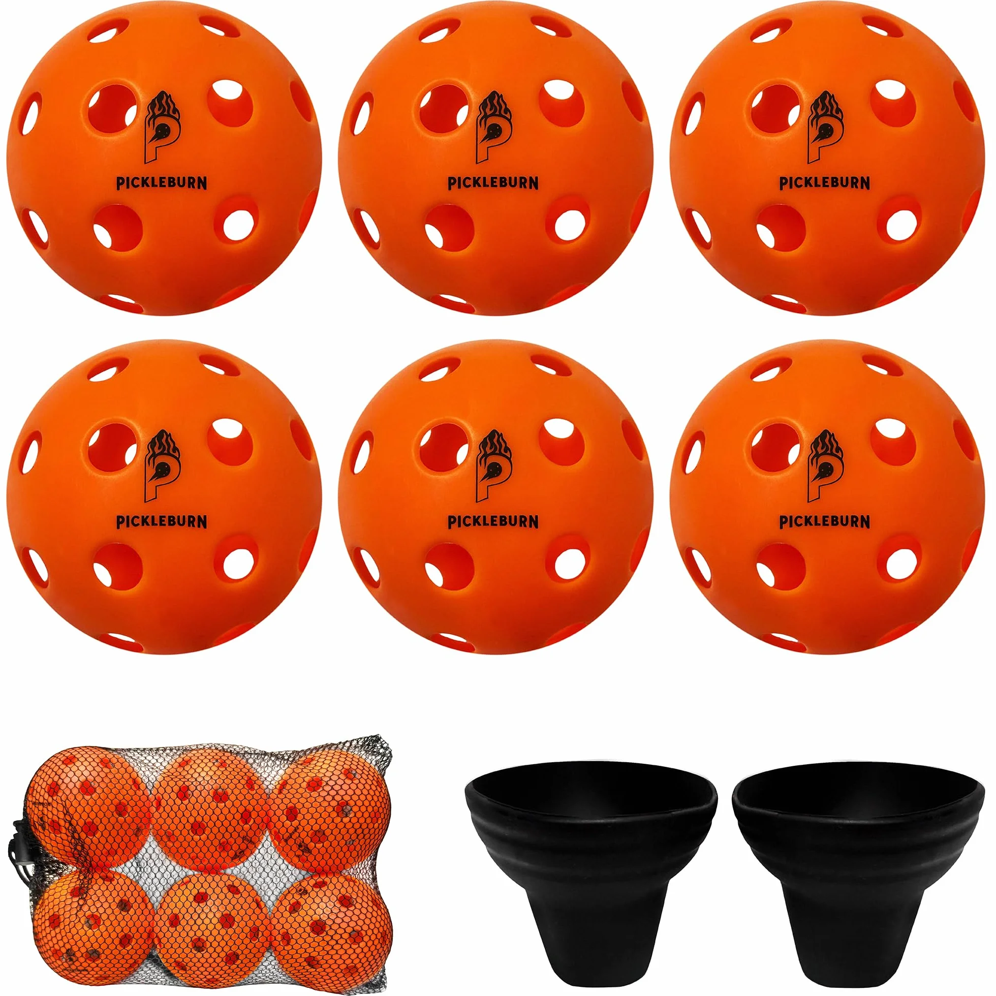 BurnCourt 40 - Bolas Pickleball Naranja Neón Pack de 6 Pelotas para Juego Exterior Outdoor 40 Agujeros Rebote Alto y Preciso con Bolsa y Pickers para Todos los Niveles
