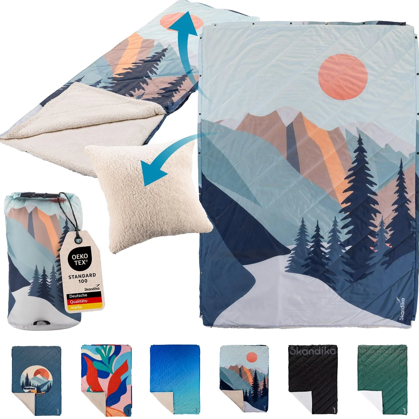 Skandika Manta de Camping para Exteriores Liva | 4 en 1, 200 x 135 cm, Colcha, Saco de Dormir, Almohada, con Parte Inferior de Piel de Borreguito o Nailon