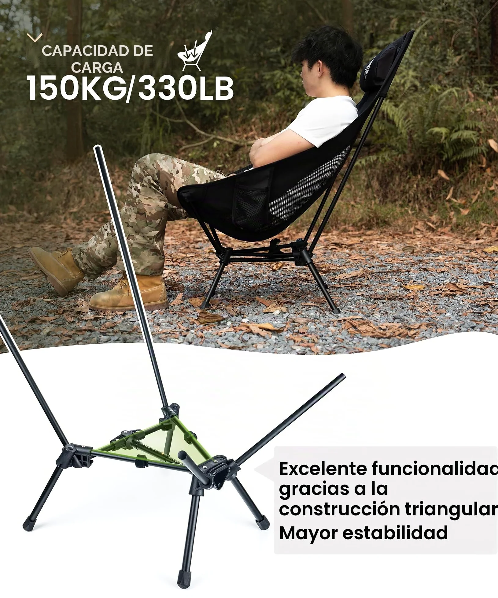 OneTigris TIGERBLADE Silla de camping plegable con respaldo alto, 170 kg, silla plegable para camping, ligera, marco triangular, silla plegable con 2 bolsillos laterales, silla plegable ultraligera