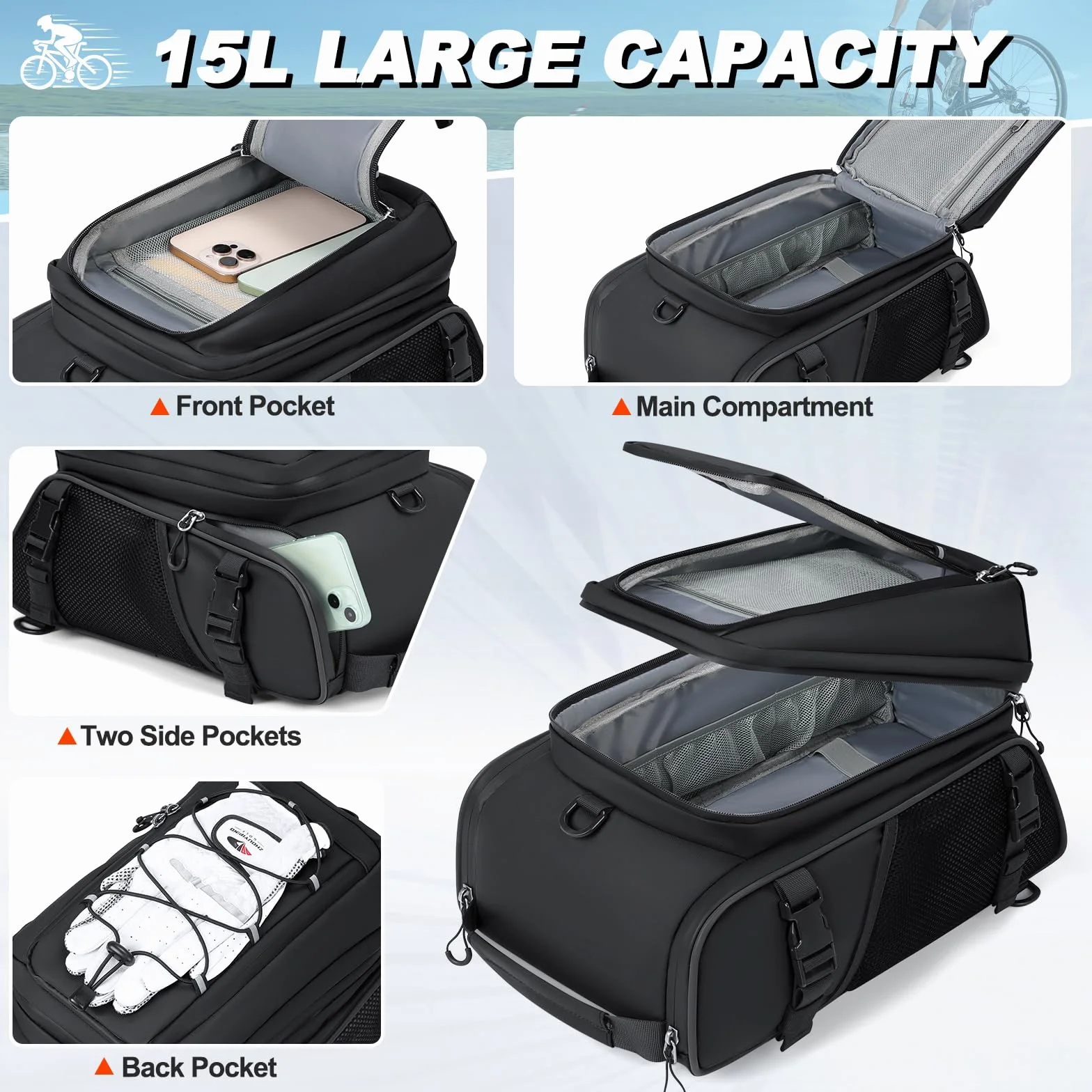 RAINSMORE 3 en 1 Alforjas Bicicleta 15L Bolsa Trasera con Cubierta de Lluvia y Bandolera, Impermeable y Reflectante, como Maleta Bicicleta,Bolso Bandolera