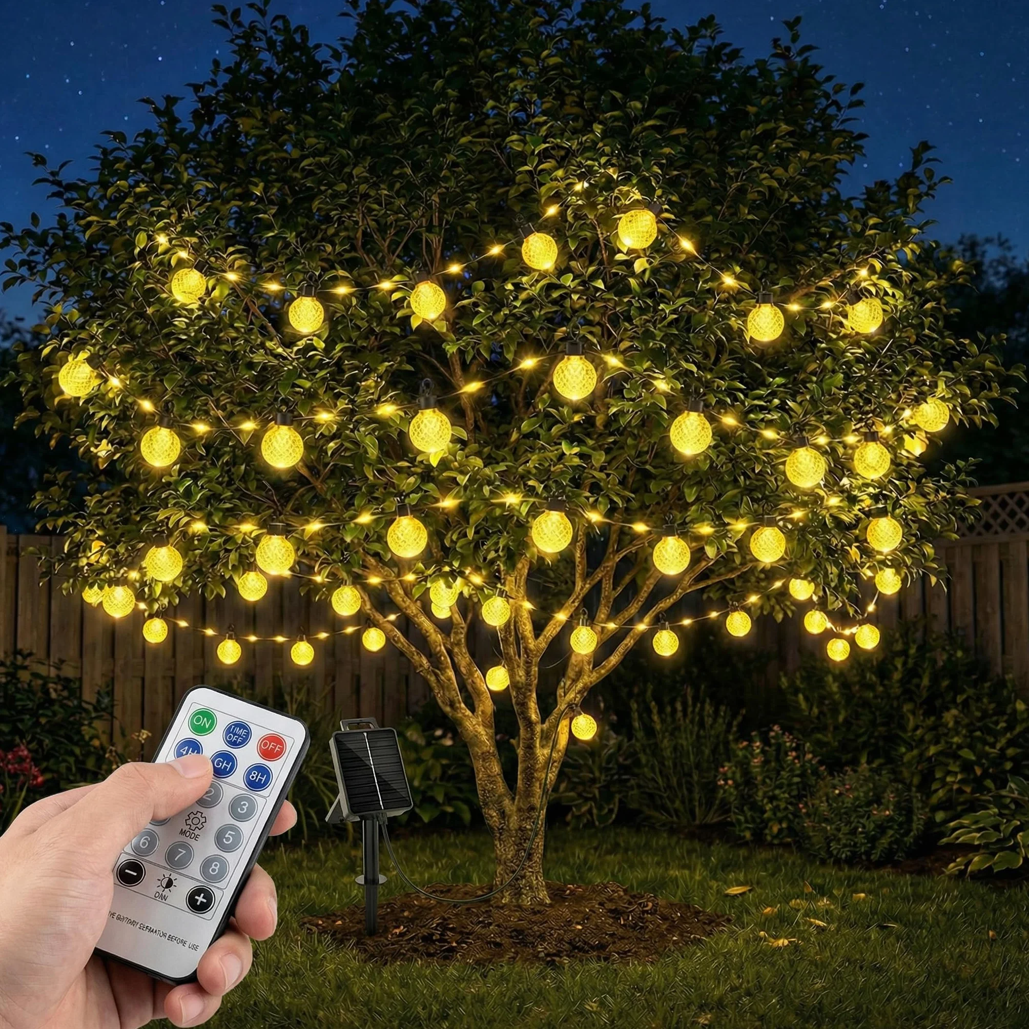 Guirnaldas Luces Exterior Solar 17M 100 LED 25 Bolas de Piña 8 Modos Mando Distancia IP67 Luz Blanca Cálida