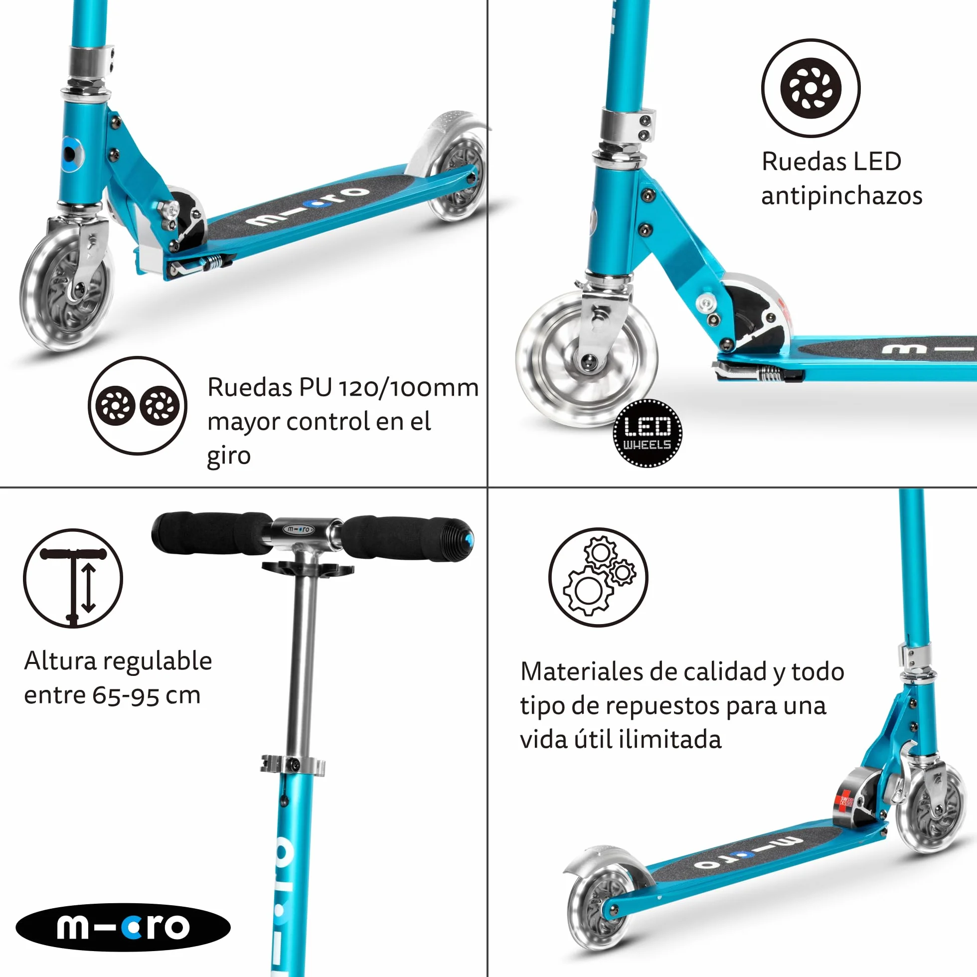 Micro® | Micro Sprite LED Scooter 2 Ruedas Niños | Patinete y Puños Plegables | Ruedas con iluminación LED | Ligero y Regulable en Altura | +5 Años | Niños y Niñas