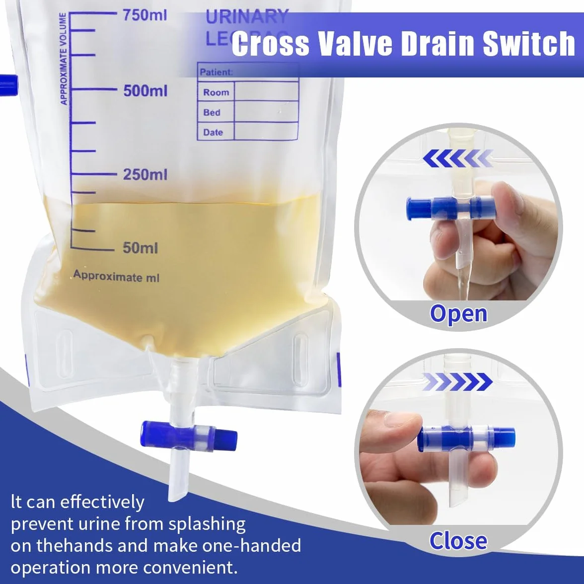 10 Piezas Bolsa de Drenaje de Orina 750ml con Válvula Antirreflujo y Correas de Tela