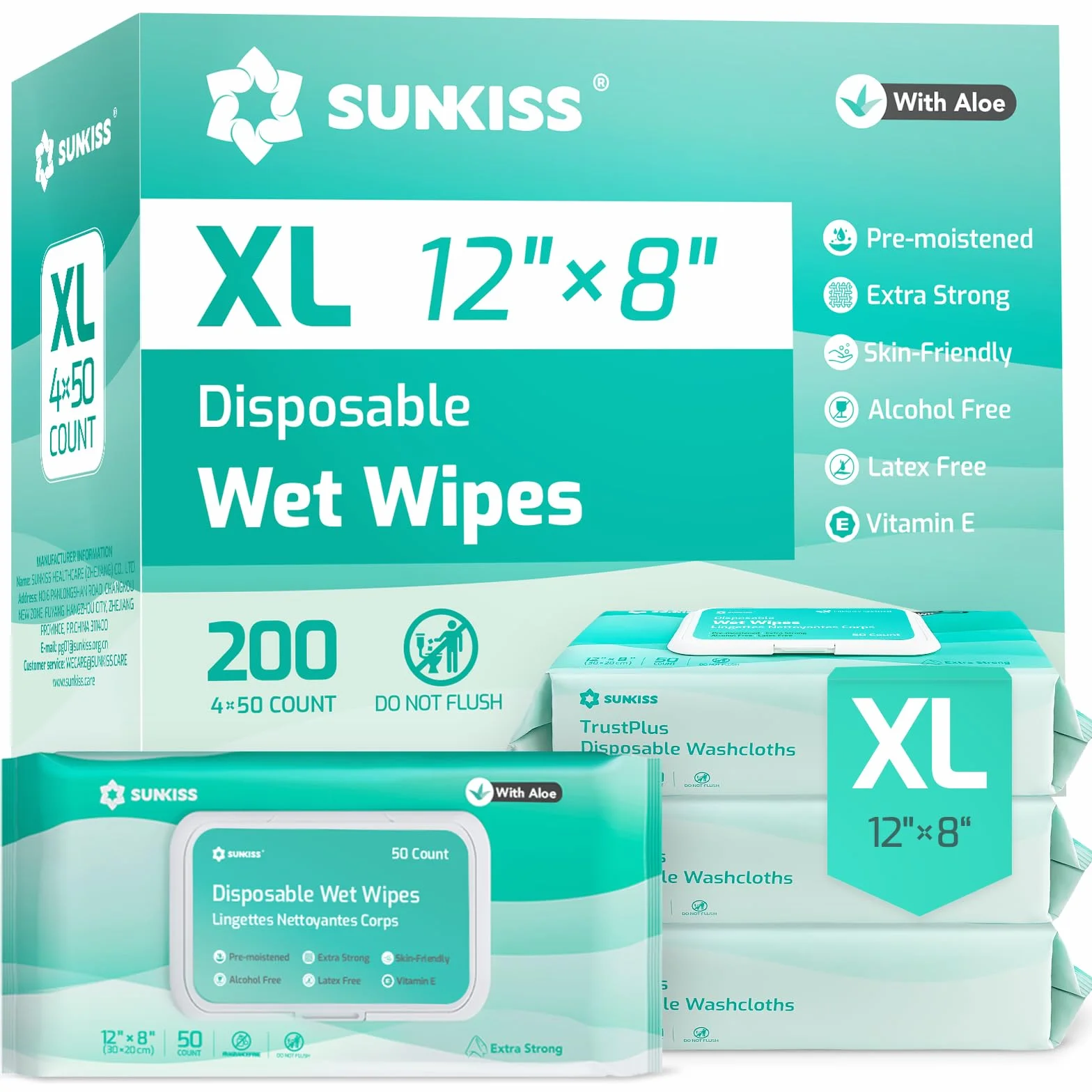 SUNKISS Trustplus Toallitas Húmedas para Adultos con Aloe, 20 x 30 cm, 200 Unidades