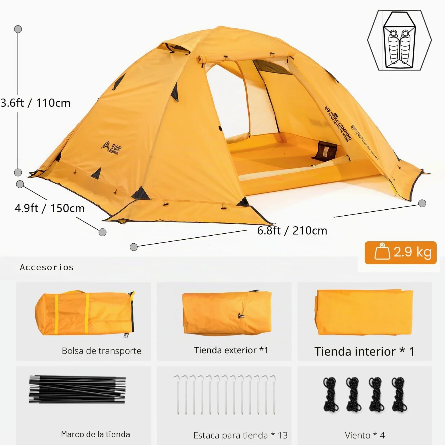 BISINNA Tienda de campaña para 4 Estaciones para mochileros, Tiendas de campaña de Invierno para 2 Personas, Tiendas de campaña Ligeras para Clima frío, Impermeable, Doble Capa, para Todas Las