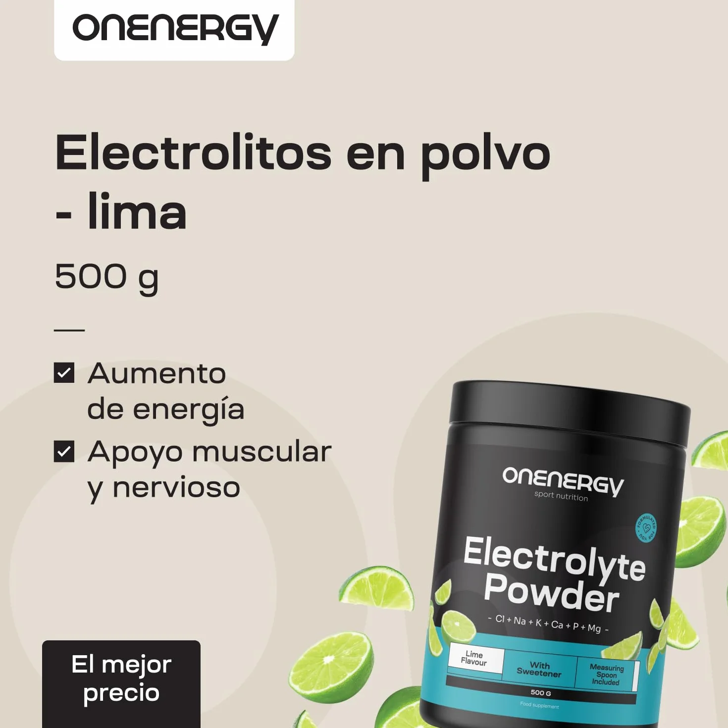 Electrolitos en polvo Lima 500 g 142 dosis Mezcla de 6 minerales Hidratación Apoyo muscular y nervioso