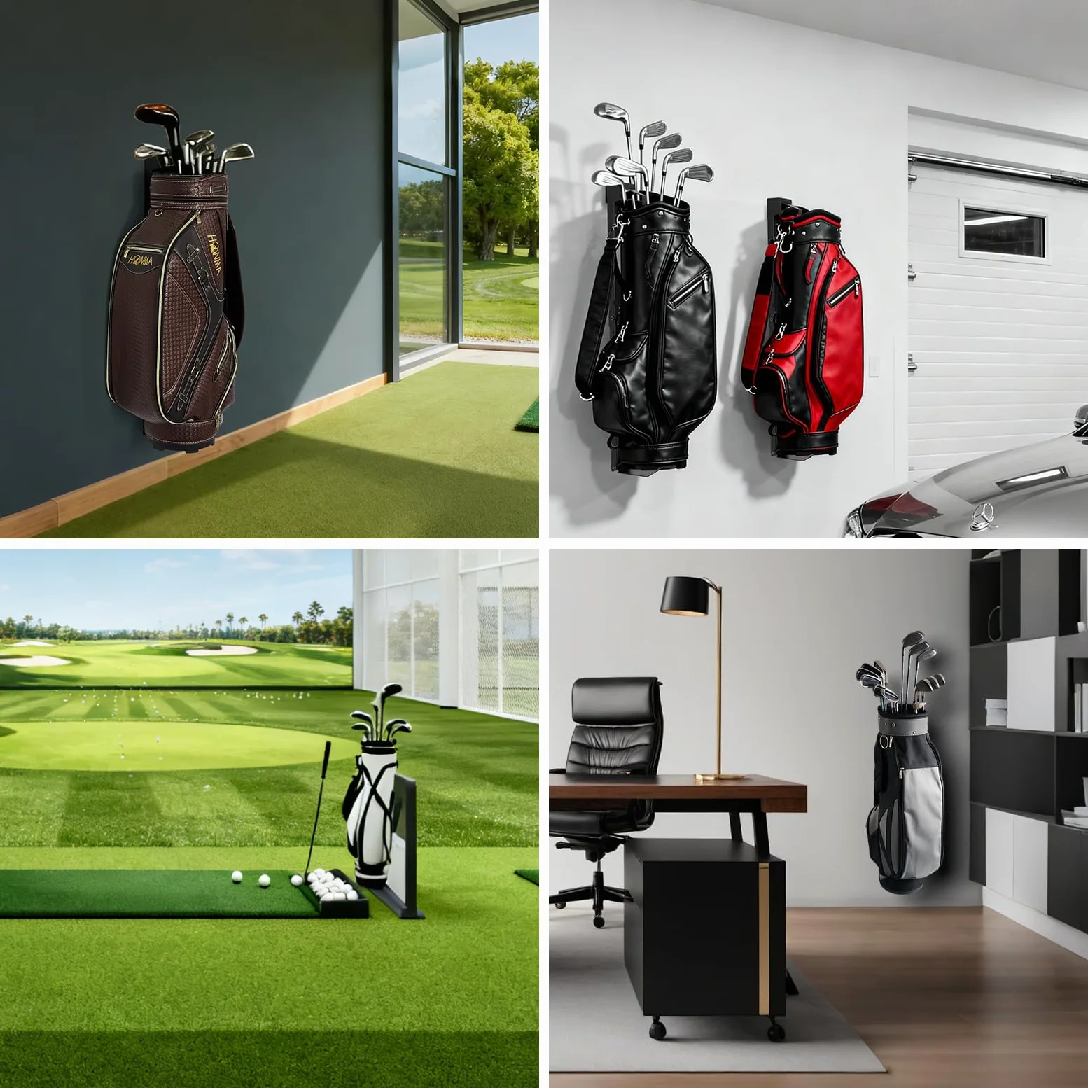 Soporte para bolsas de golf montado en la pared, plegable mejorado, antideslizante, alto grado de libertad