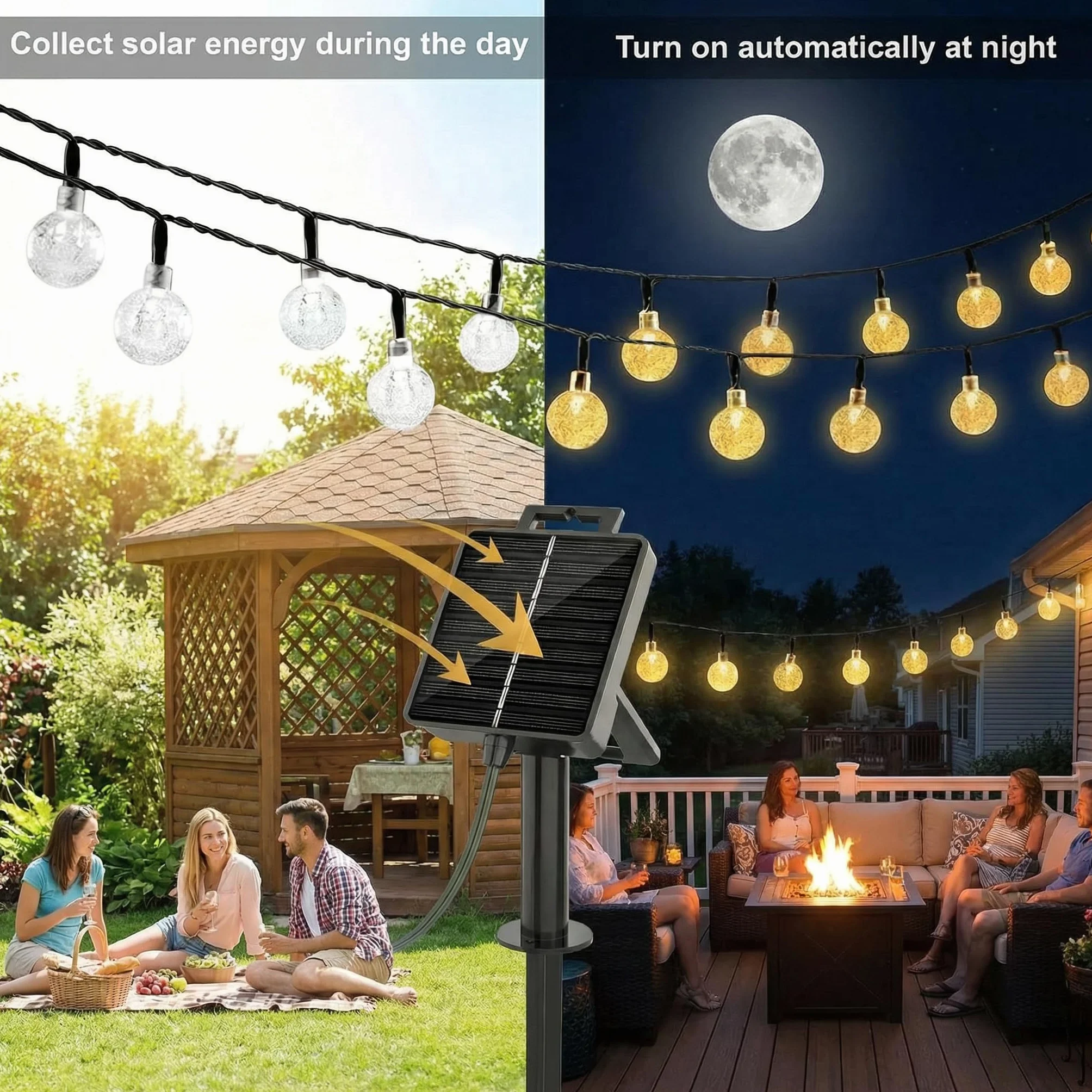 Guirnalda solar exterior 8m 40 LED bolas de cristal IP65 blanco cálido