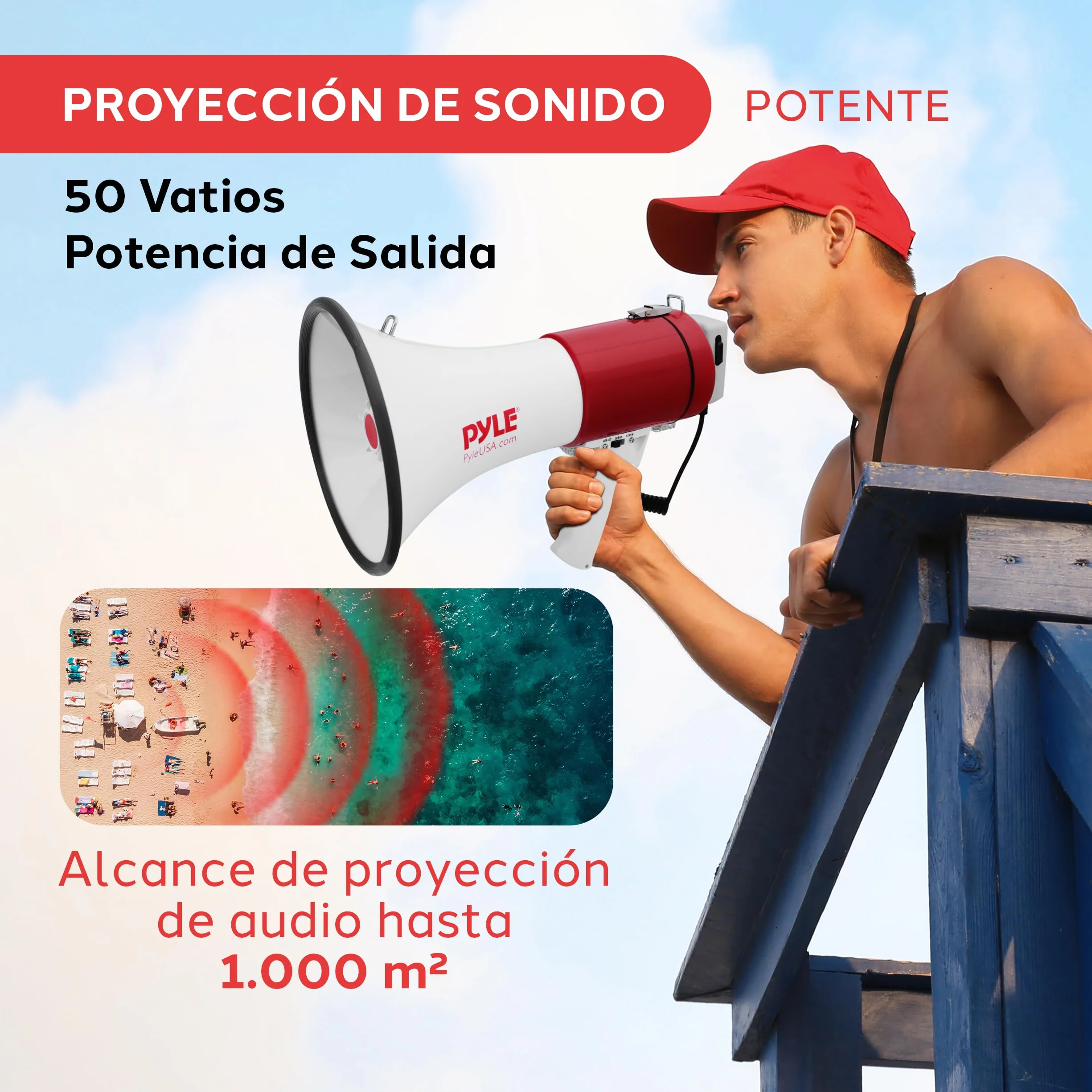 Pyle Altavoz Portátil 50V con Sirena, Volumen Ajustable, Entrada AUX, Correa para Hombro