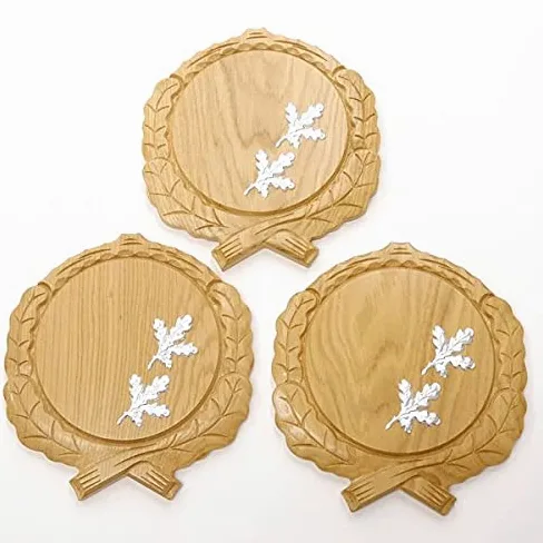 GTK - 3 placas de cuña talladas de roble claro AF 17,5 cm con 6 hojas de aluminio de roble, cubierta para cuñas, tabla de especias, cartel para trofeos