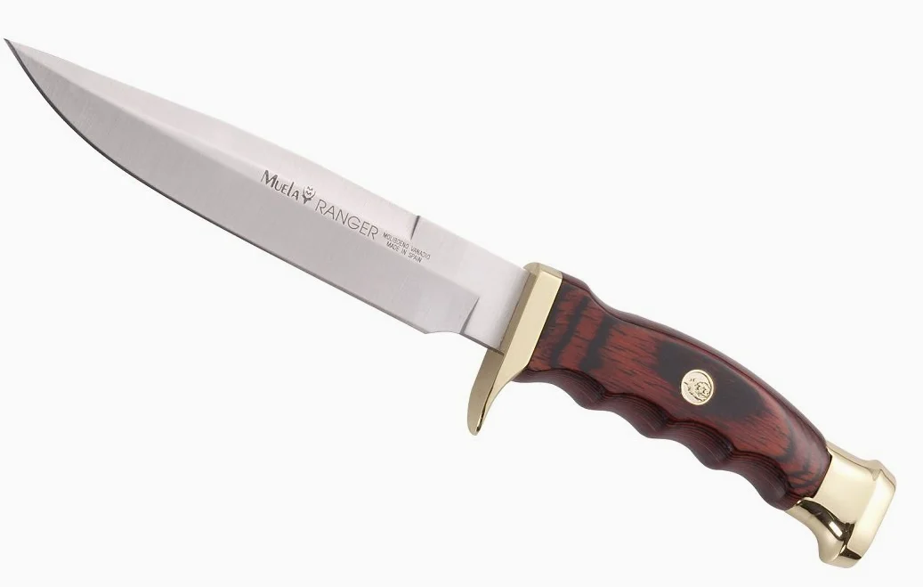 MUELA RANGER-14R - Cuchillo de caza con mango de madera de Pakka coral con funda de cuero
