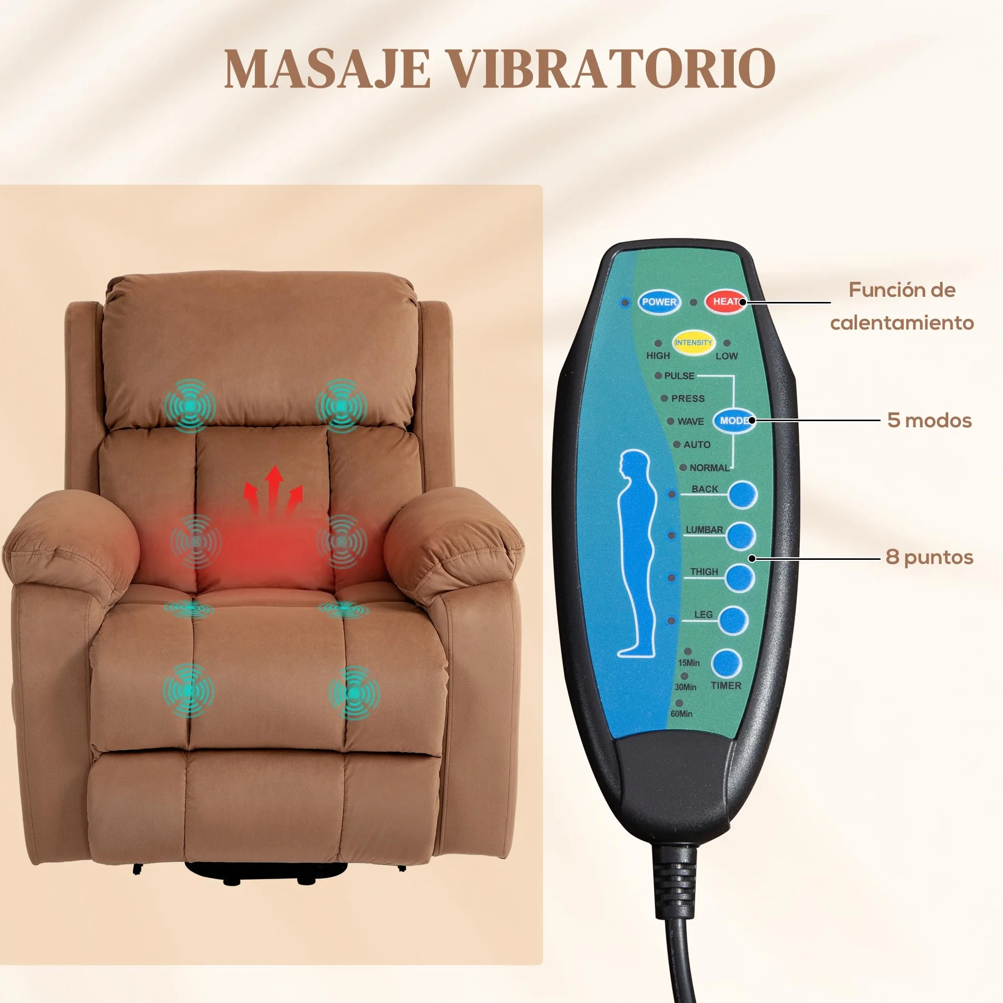 HOMCOM Sillón Relax Reclinable Eléctrico Levanta Personas con Masaje y Calor, Cuero Sintético, Marrón
