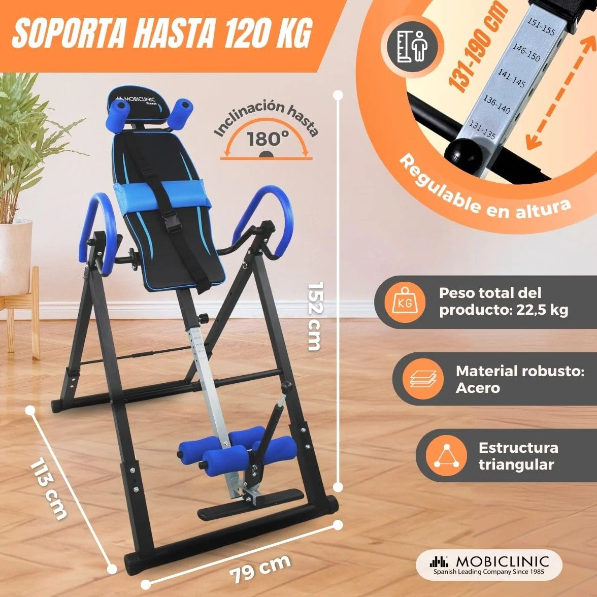 Mobiclinic® fitness, Tabla de inversión, Plegable, Inclinación 180º, Hasta 120 kg, Regulable, Cojín lumbar y reposacabezas, Cuatro sistemas seguridad, Estiramientos abdominales, Acero