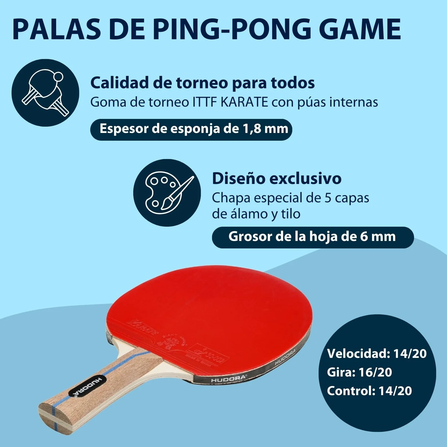 HUDORA Raqueta de Tenis de Mesa Game - Pala de Ping Pong Superficie de Torneo ITTF Karate - Pala de Pimpón para Principiantes y Profesionales - Raqueta de Tenis de Mesa de Madera