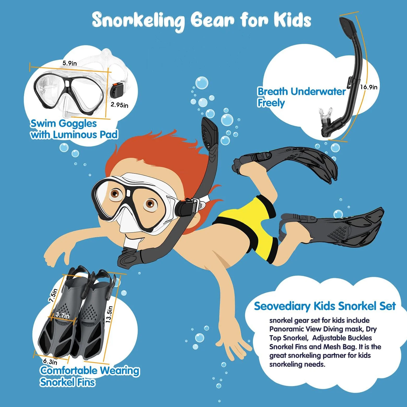 Seovediary Juego de esnórquel para niños, aletas de máscara, equipo de esnórquel para niños, gafas de natación antivaho, vista panorámica de 180 grados, esnórquel y aletas de buceo con bolsa de viaje