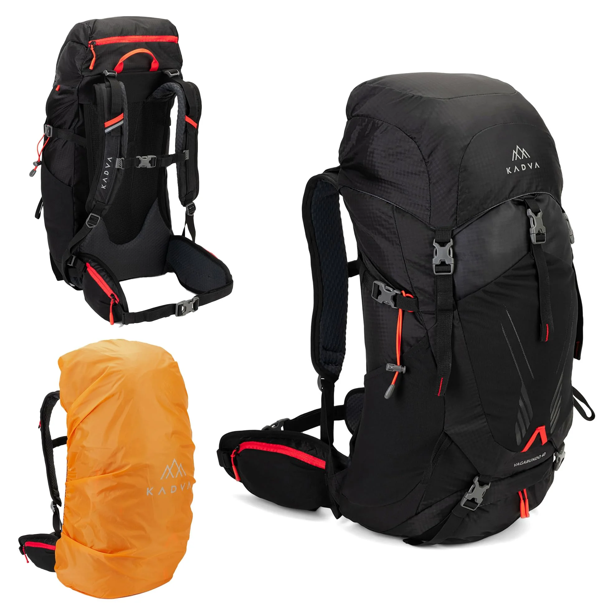 KADVA Vagabundo Mochila de trekking de 40 l, sistema de transporte Windspire Pro, material hidrófobo, funda para lluvia, correas exteriores.
