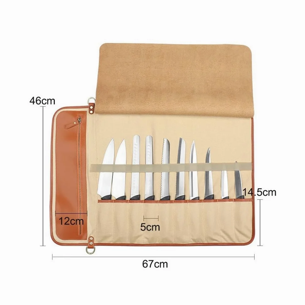 Bolsa Enrollable for Cuchillos, 10 Ranuras for Cuchillos, Funda Protectora, Bolsa Enrollable de Cuero portátil, Estuche de Chef for Acampar o Trabajar.(Brown)