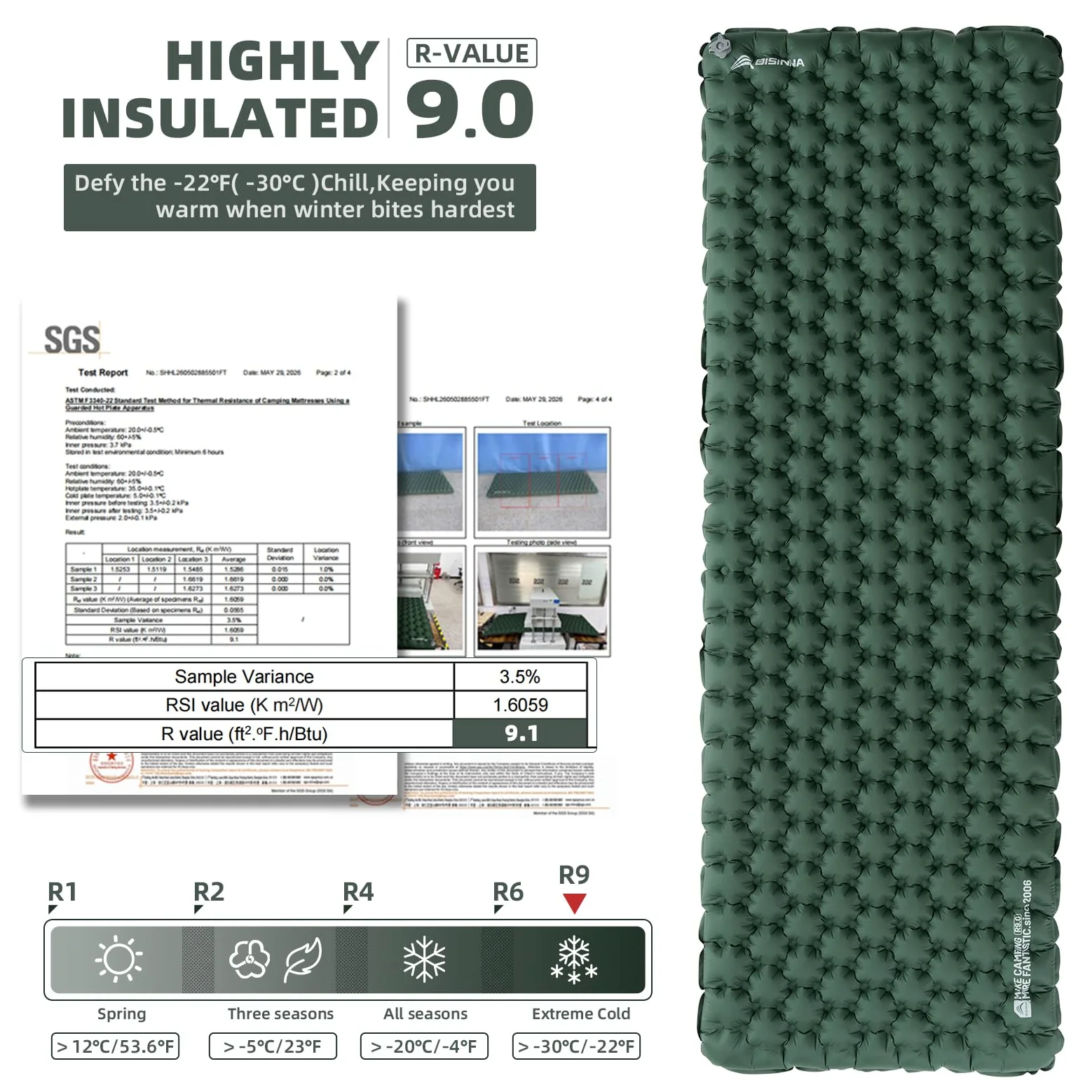 BISINNA Colchoneta de dormir ultraligera con aislamiento 9R, colchoneta inflable para acampar y mochileros, 900 g