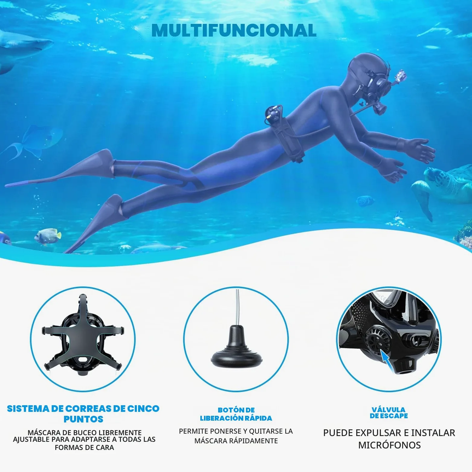 SMACO Máscara de buceo de cara completa con soporte para cámara, máscara de esnórquel de cara completa para adultos compatible con S400/S400 Plus/S400 Pro/S700 Tanque de buceo, kit de máscara de buceo