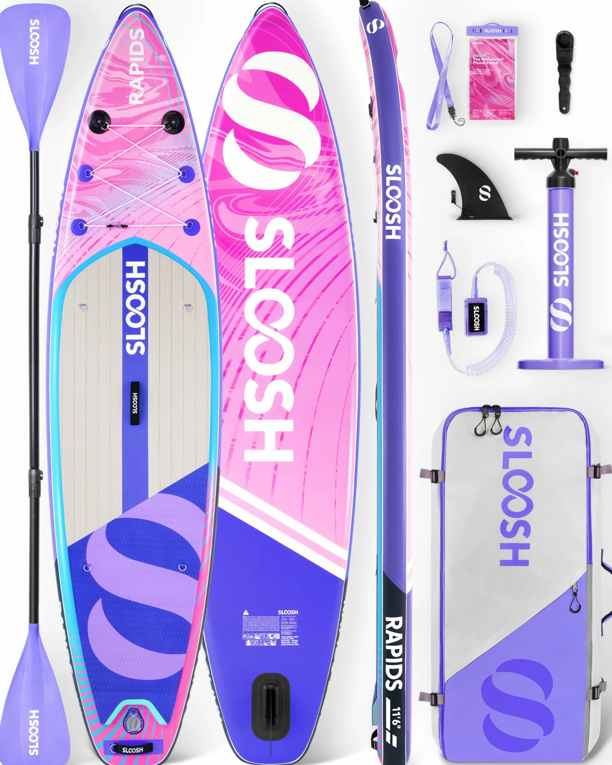 SLOOSH Tabla de Paddle Surf Hinchable, 11'6" Stand-Up Paddle con Accesorios Premium, Cubierta de EVA Antideslizante, Bolsa de Transporte con Bomba, Rapids Sup para Jóvenes & Adultos