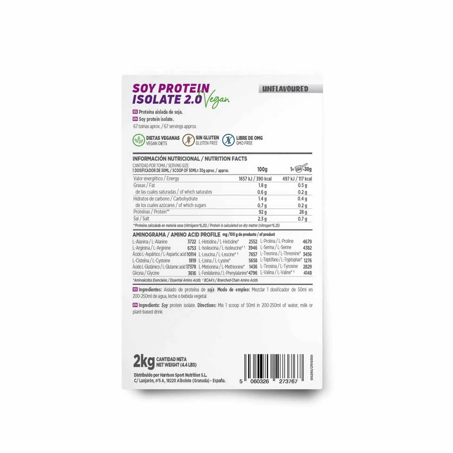 Proteína de Soja Aislada HSN 2 Kg Sin Sabor 100% Vegana No-GMO Sin Gluten