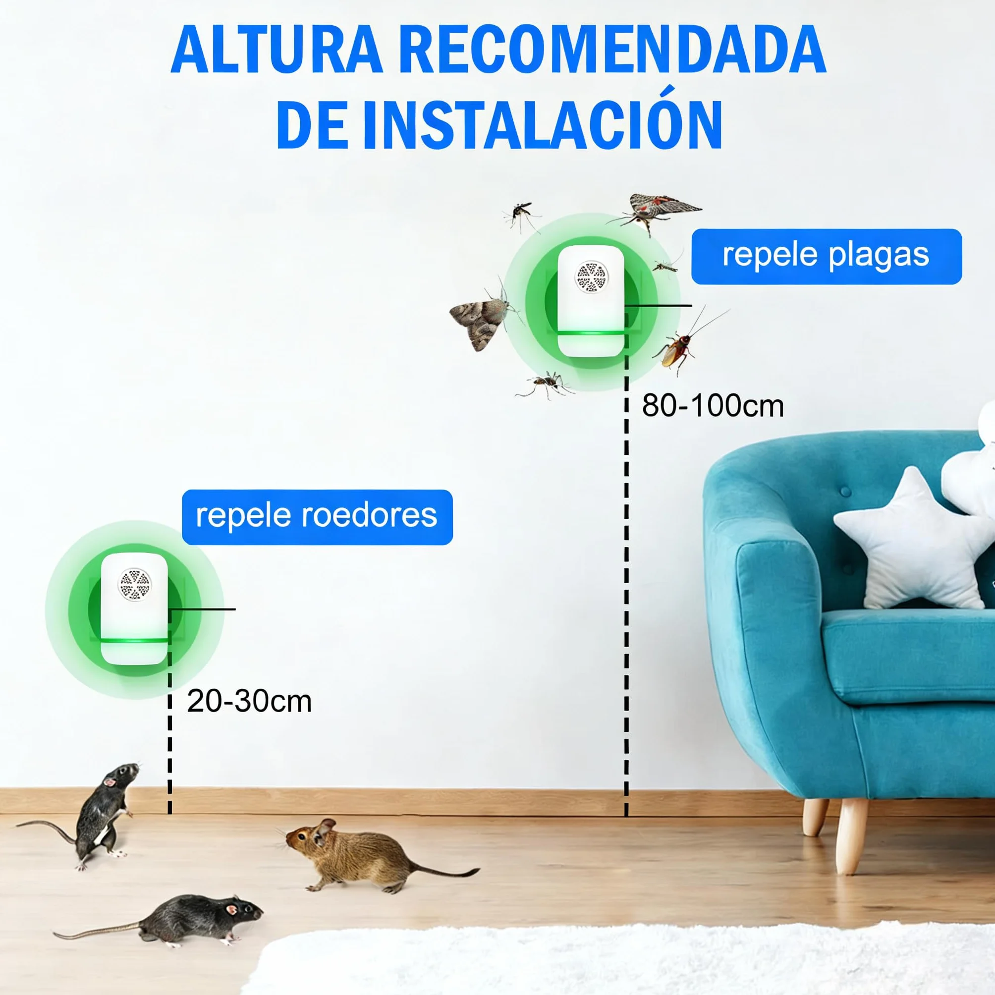 Repelente Ultrasónico de Plagas Electrónico Antimosquitos Control Mosquitos Hormigas Cucarachas Moscas Arañas Chinches Ahuyentador Ratas Ratones Interiores 2 Piezas