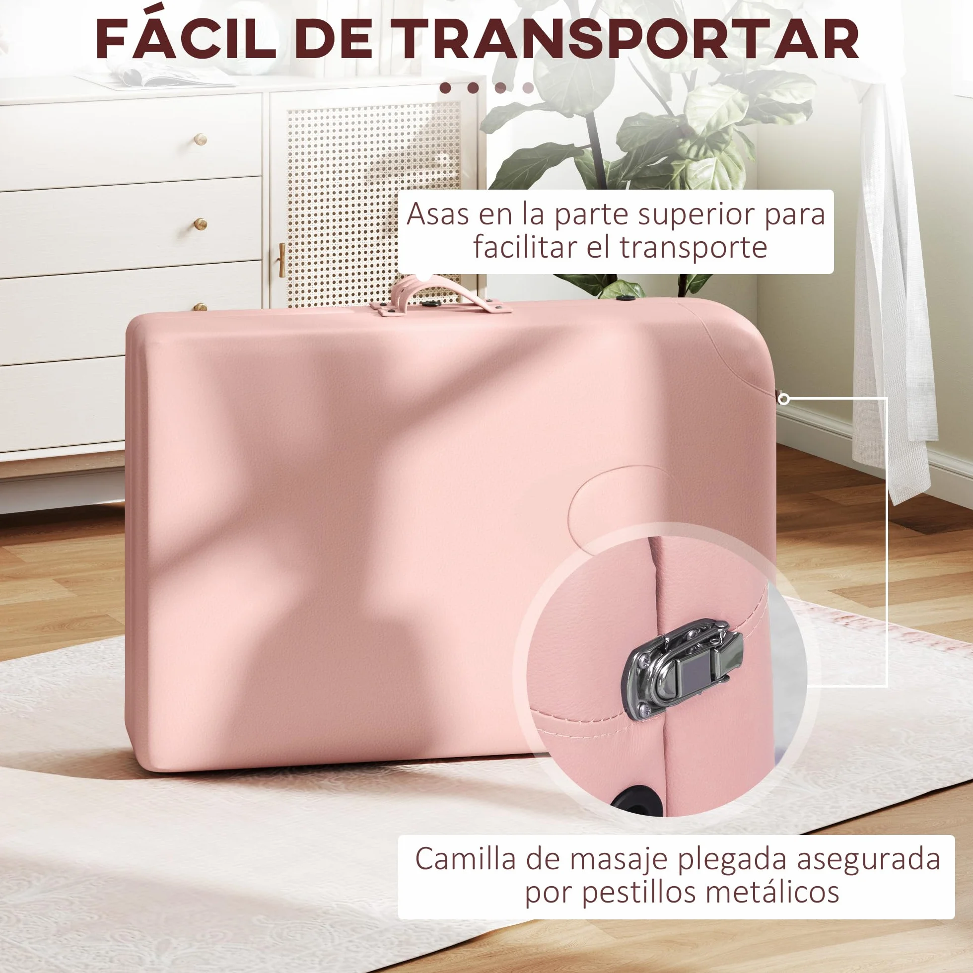 HOMCOM Camilla de Masaje Plegable 210x81 cm Profesional con Reposacabezas Extraíble y Altura Regulable Rosa