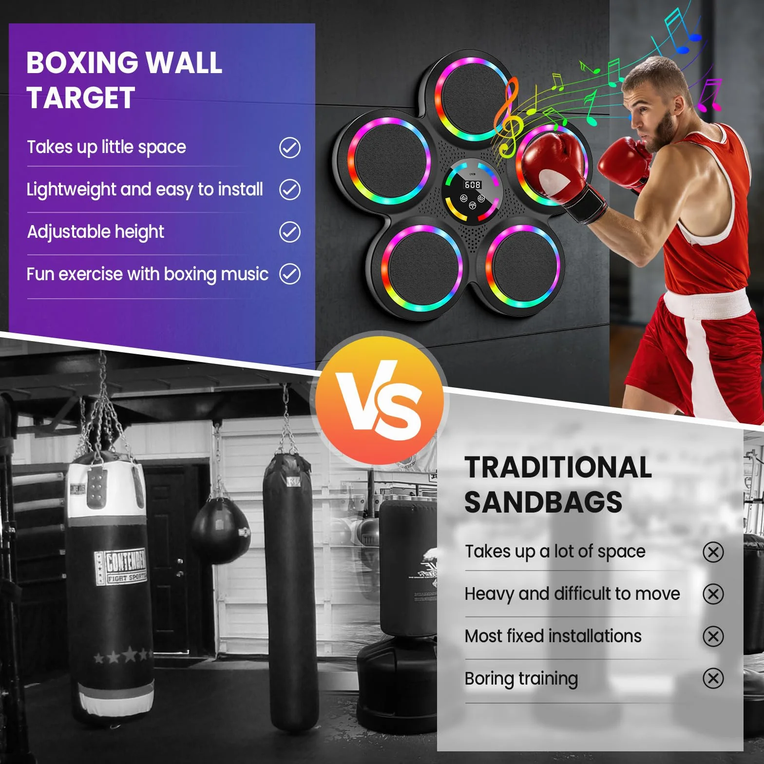 IERAKOR Máquina de Boxeo Musical de Pared con Bluetooth, 2 Pares de Guantes, 9 Modos, Luz de Color, Contador de Puntos