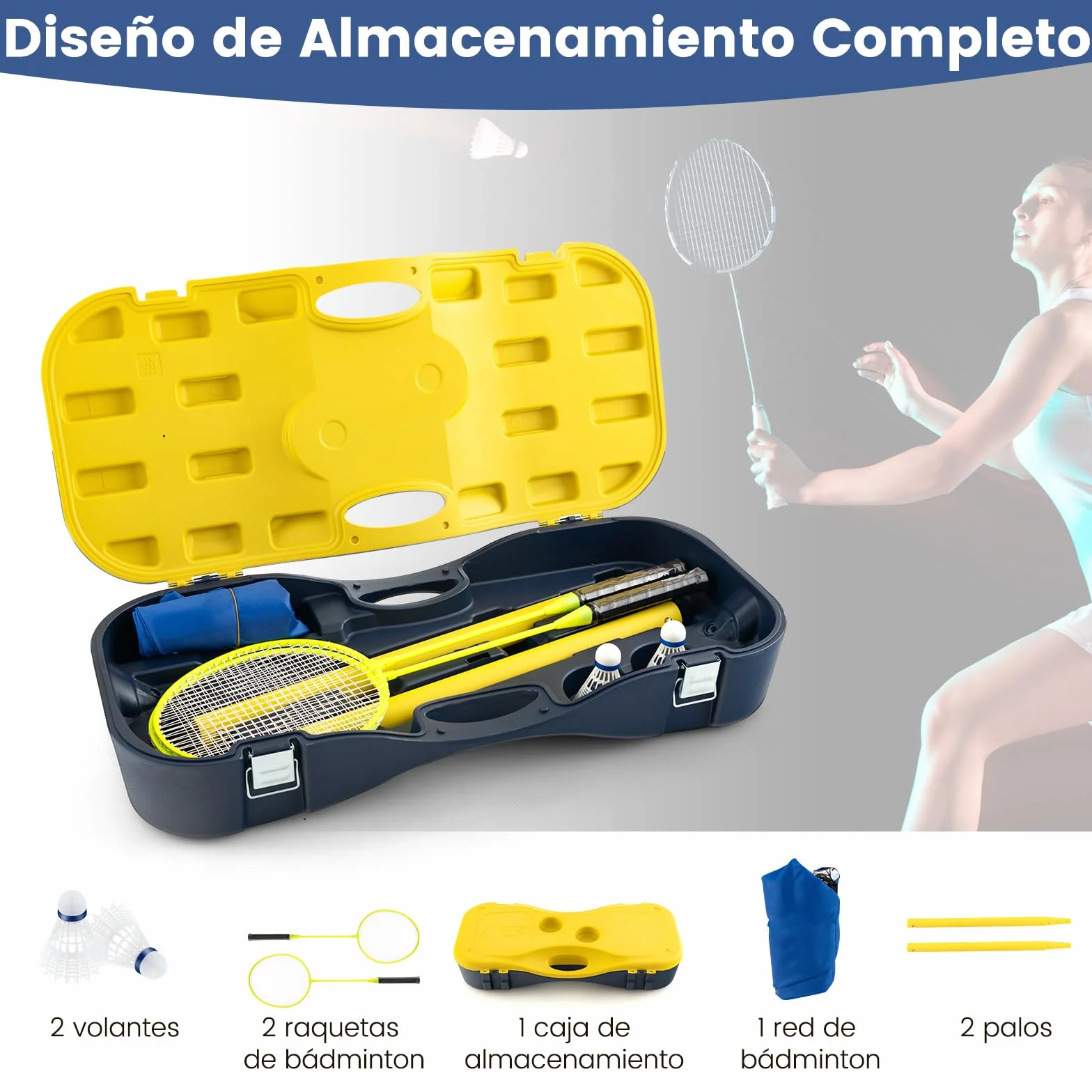 COSTWAY Set de Bádminton Completo, 2 Raquetas, 2 Volantes, Caja Almacenamiento, 270 x 33,5 x 160 cm