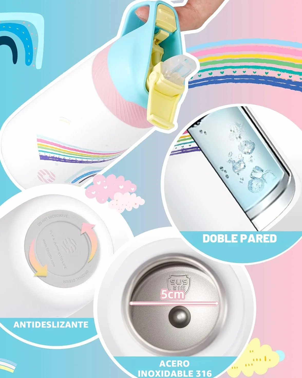 Fjbottle Niños 350ml Botella de Agua Acero Inoxidable con Pajita, Sin Fugas, sin bpa botella termica Reutilizable