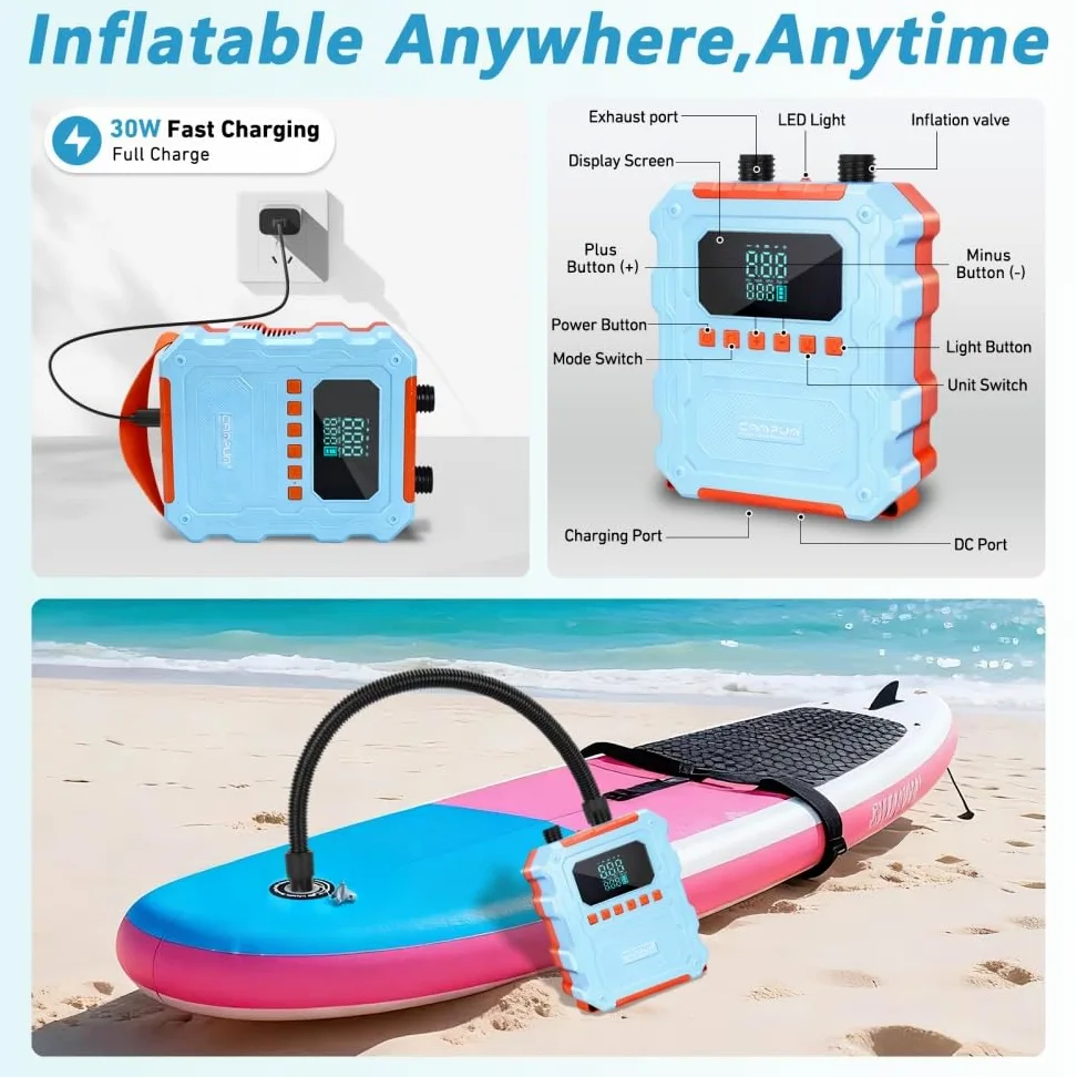 KinZon Bomba de Aire Eléctrica 60 PSI Alta Presión para Sup, Recargable, Compatible con Toma de Coche 12V, Apagado automático, inflado/desinflado, para Paddle, Kayak y neumáticos