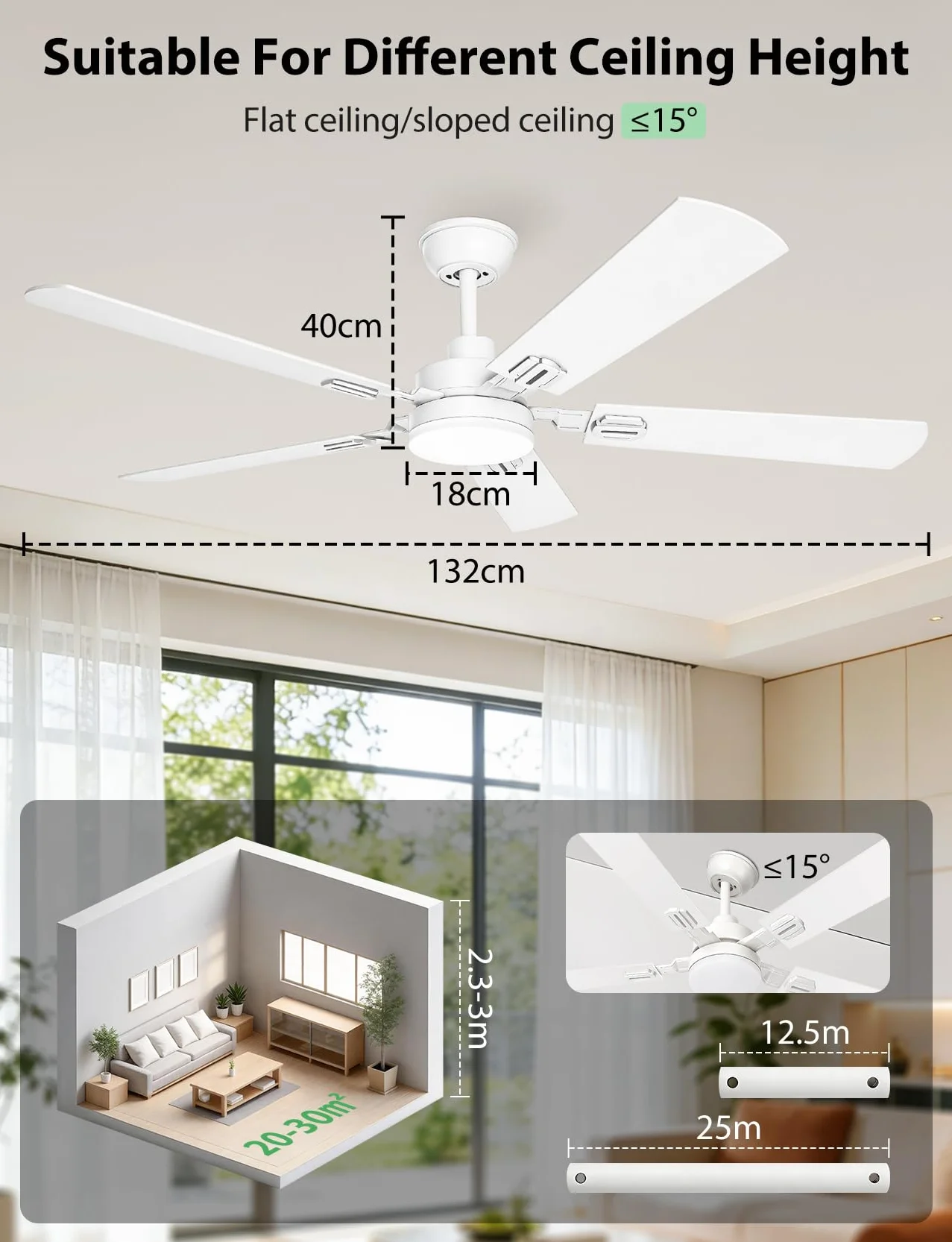 Aigostar Ventilador de Techo con Luz Silencioso 52″ 33W Regulable 3000K/4000K/6000K Mando a Distancia