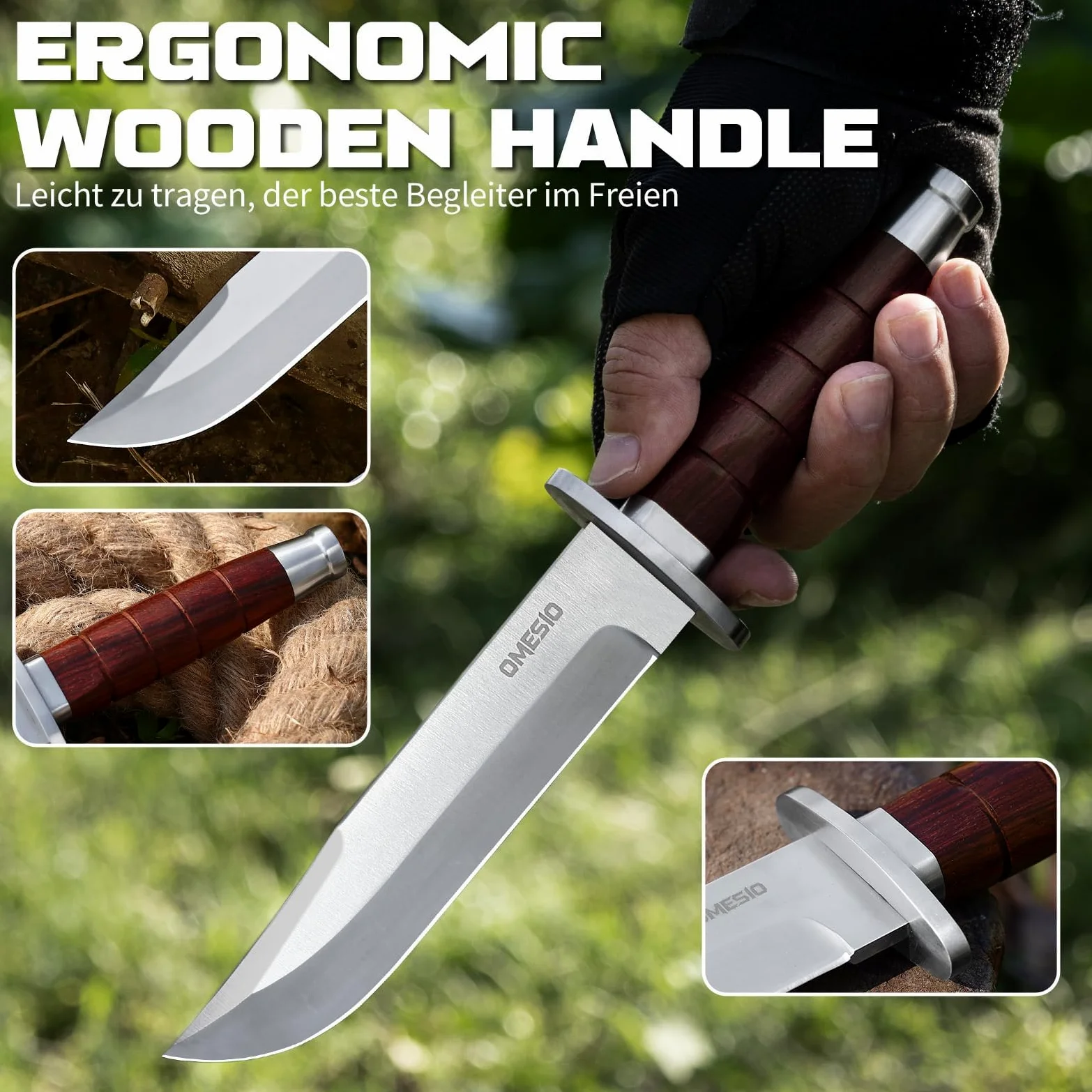 Omesio Cuchillo Outdoor Hoja Fija 5Cr14MoV con Funda de Cuero | Mango de madera maciza con funda de cuero, ideal para camping, senderismo y actividades al aire libre.