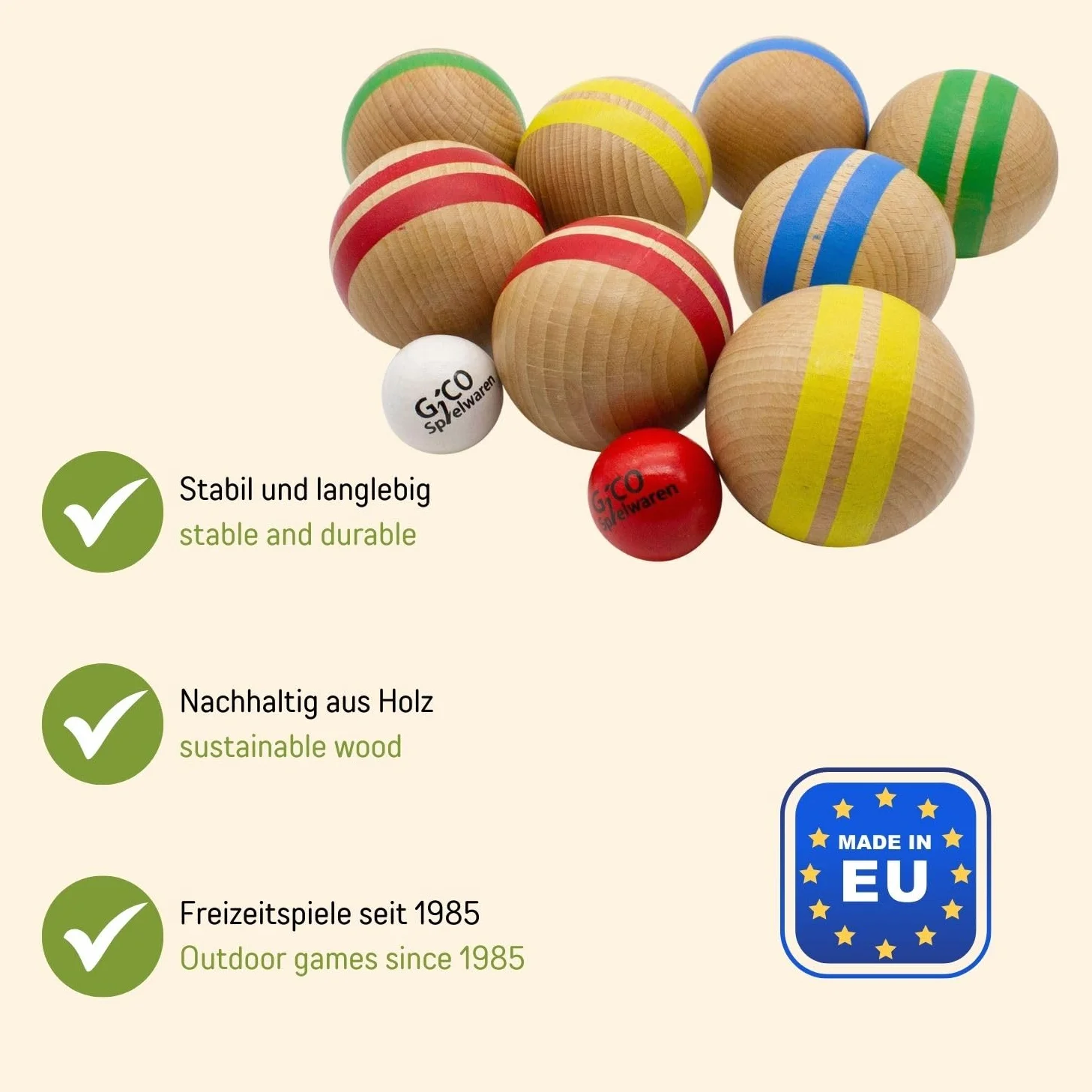 GICO - Juego de petanca de madera maciza a rayas con 8 bolas de diámetro 7 cm fabricado en la UE - 3015