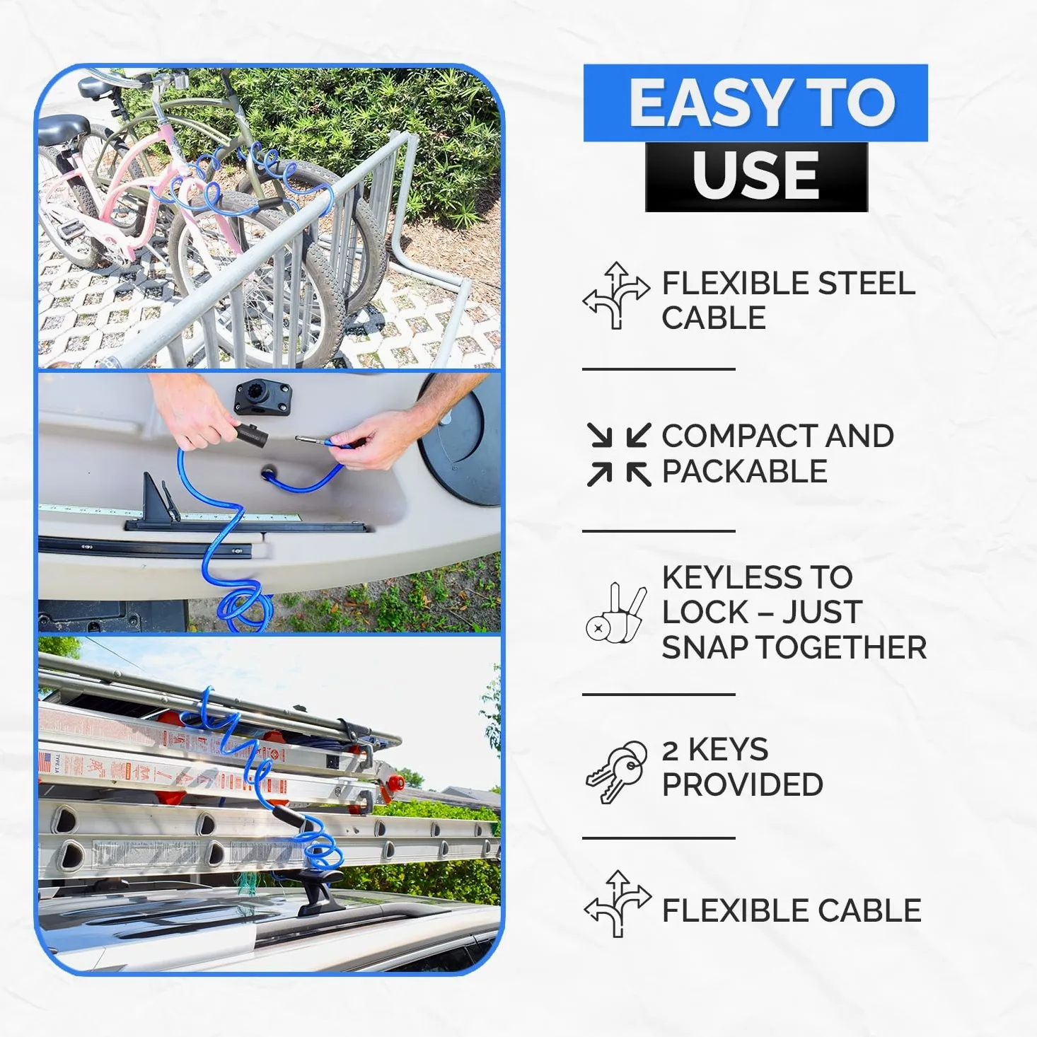 DocksLocks Cable de seguridad en espiral con cerradura de llave, protección antirrobo multiusos resistente a la intemperie para kayak, bicicleta, paddleboard, scooter, equipo, bicicletas y más de 10