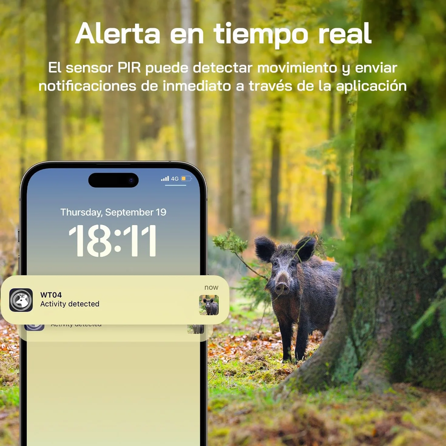 WOLFANG Cámara de Caza Solar, 4G LTE Camara Fototrampeo 2.5K con Detección PIR Nocturna por Infrarrojos Invisible, Alerta, Audio Bidireccional, IP66 para Vida Silvestre y Monitoreo de Seguridad