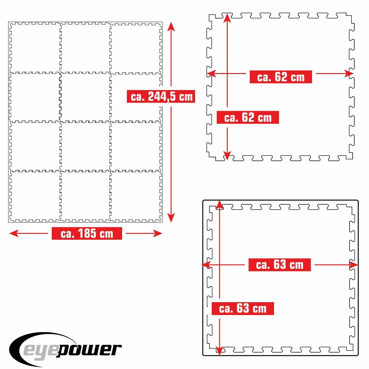 eyepower 4,8 m² Suelo Gym 2cm - Juego de 12 Esterillas 63x63cm - Alfombra Goma EVA Grande - Gym Mat Suelo de Gimnasio Tatami Puzzle Esterilla Maquinas Fitness Colchoneta Judo Suelo Espuma Floor Mat