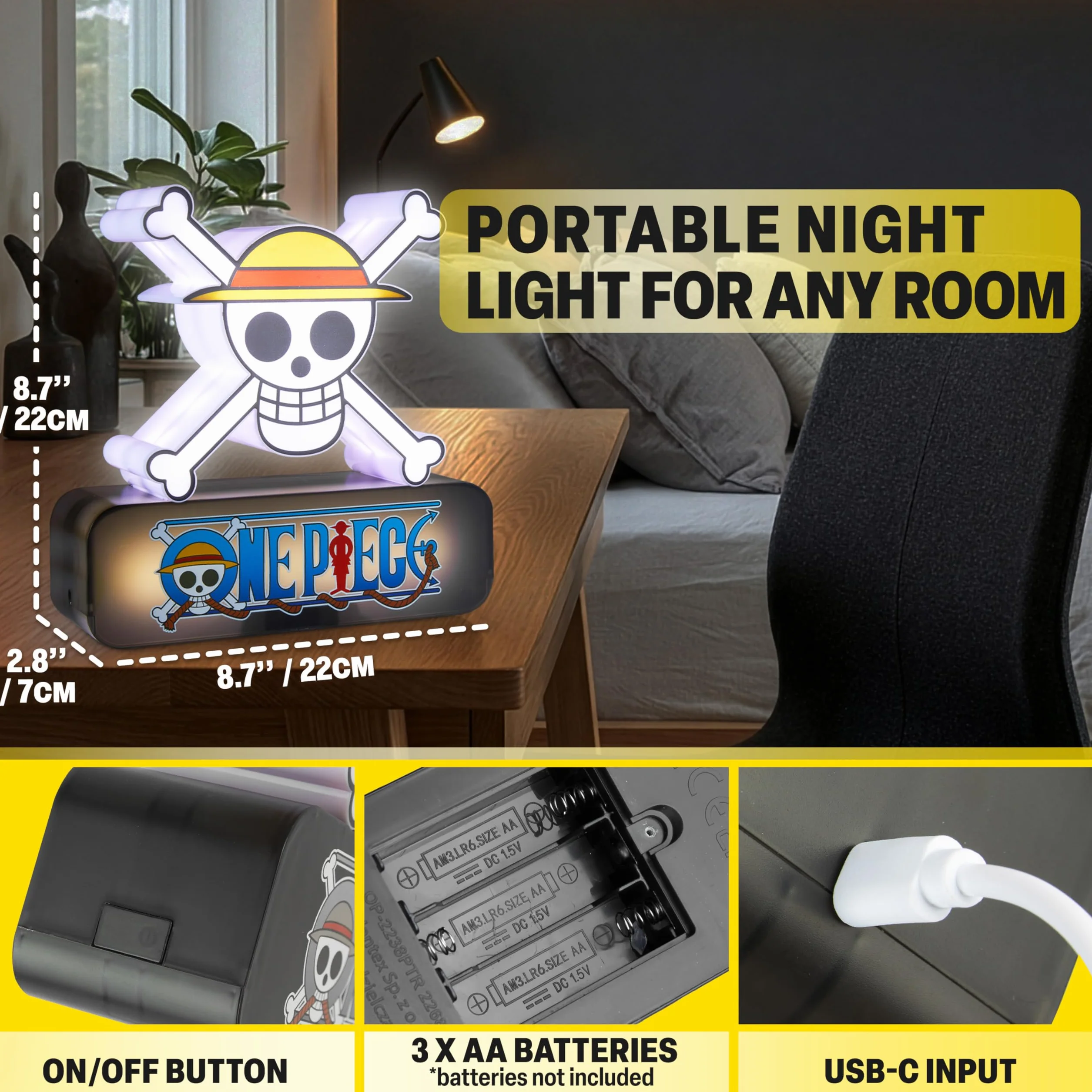 One Piece Skull Lámpara LED 3D, Luz Nocturna con 3 Niveles de Brillo, USB-C o Pilas, Decoración Habitación Manga, Regalo Anime