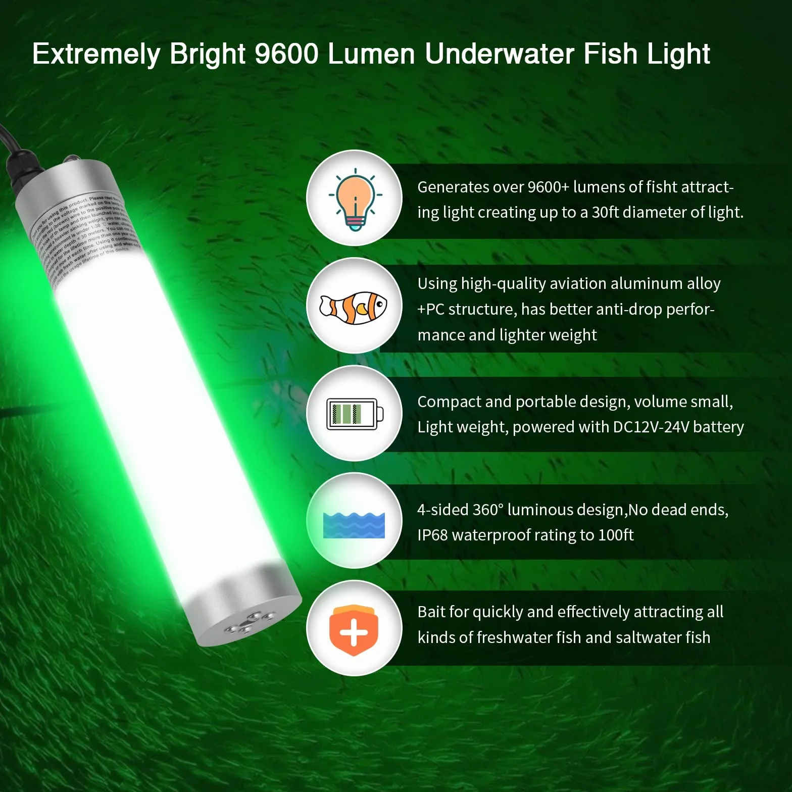 Luz de pesca submarina superbrillante de 80W 9600 lúmenes, impermeable IP68, alliage d'aluminium durable, para pesca nocturna, señuelo y cebo para barco, kayak y muelle (luz verde)