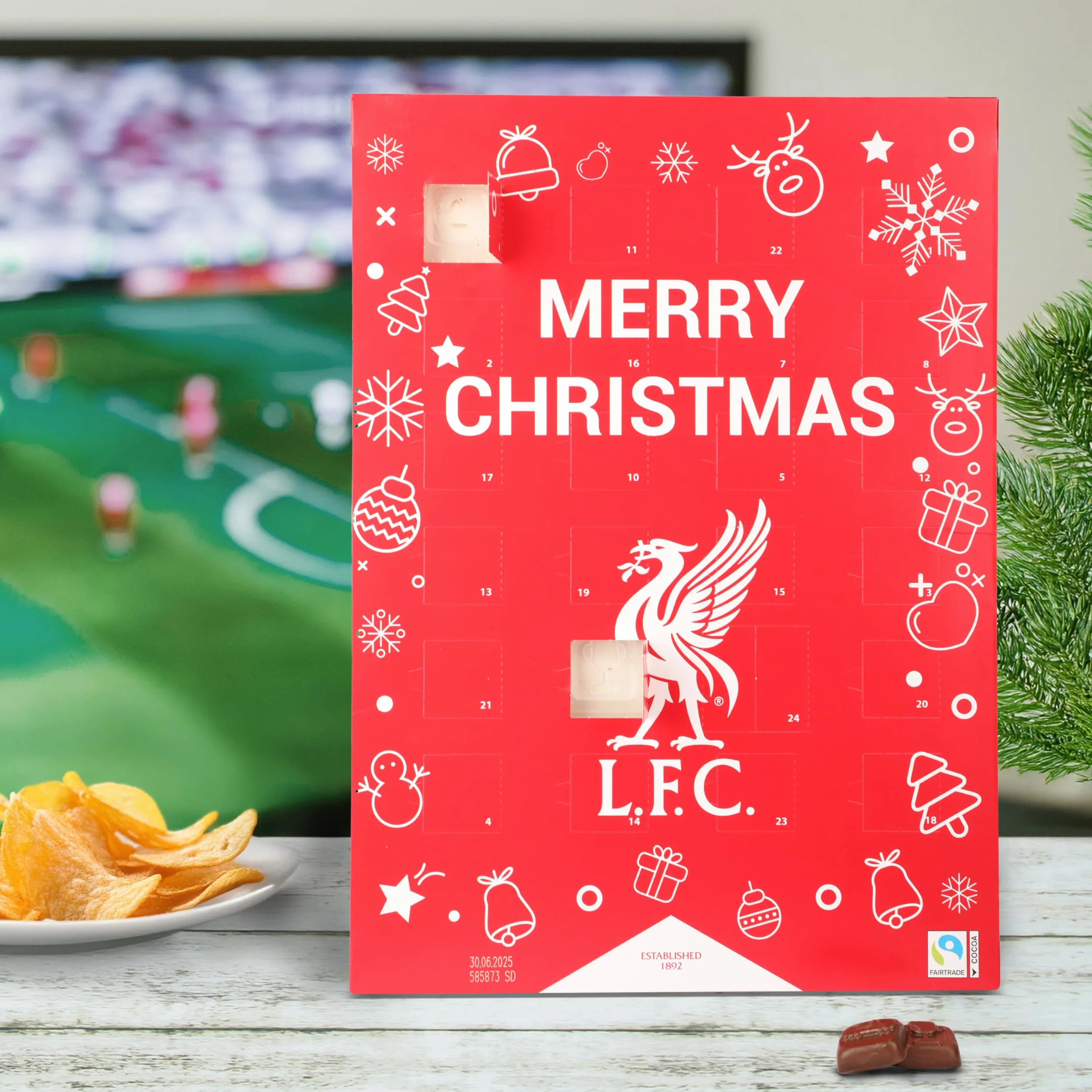 Gunz Calendario de adviento de chocolate del Liverpool FC de comercio justo, calendario de Navidad con 24 sorpresas de chocolate (120 g) + postal en la parte posterior – Regalo de Adviento para