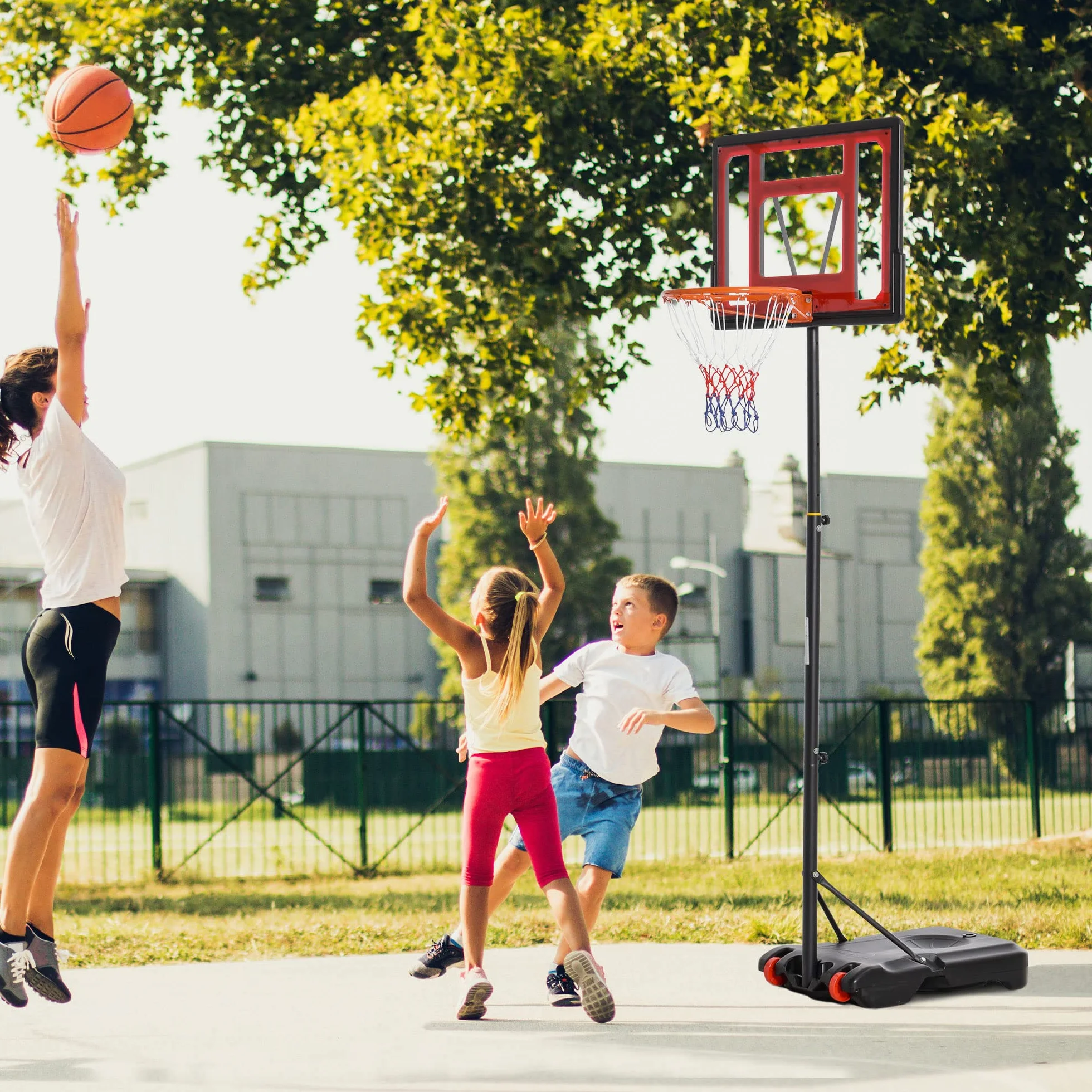 HOMCOM Canasta de Baloncesto Ajustable 205-261 cm Aro Portátil con Soporte de Acero Base Rellenable 2 Ruedas Transporte Rojo Negro