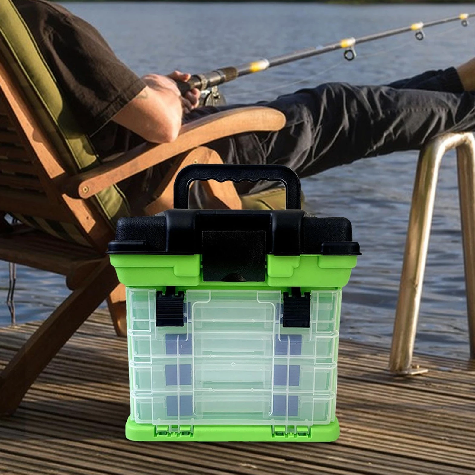 Caja de aparejos de pesca, almacenamiento de señuelos de 4 capas, organizador portátil de cebo y anzuelo, accesorios de pesca versátiles para mar y agua dulce, 28 x 17,50 x 27 cm