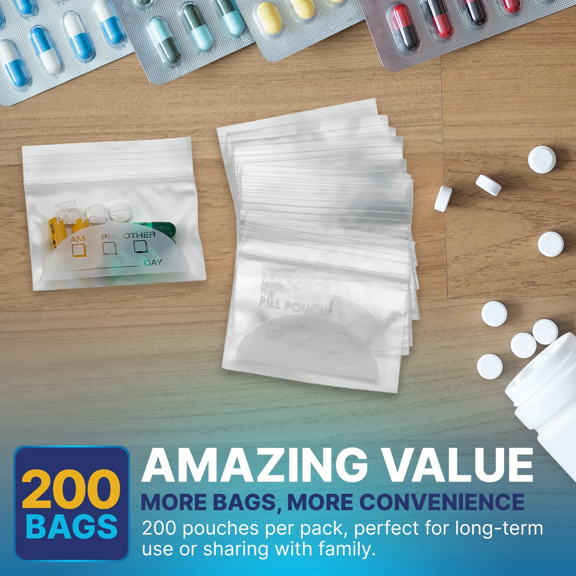 Pastilleros Bolsas de 200 Paquete 3 x 2.75 Pulgadas sin BPA Polietileno Cremallera Organizador Diario Medicamentos AM PM Almacenamiento
